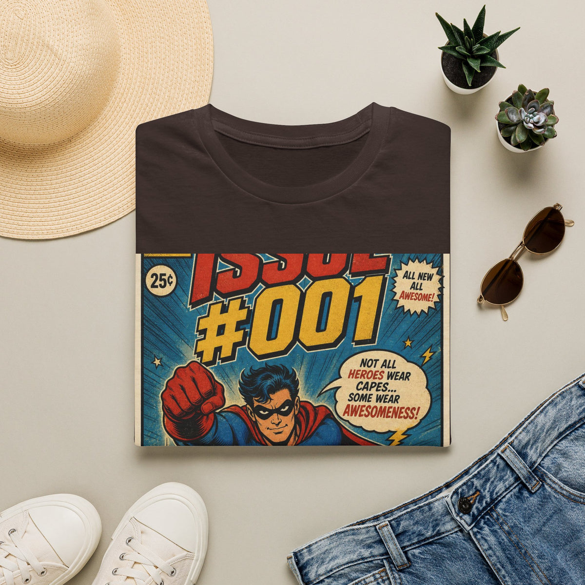 Vintage Comic Book T Shirt Design Featuring Original Superhero