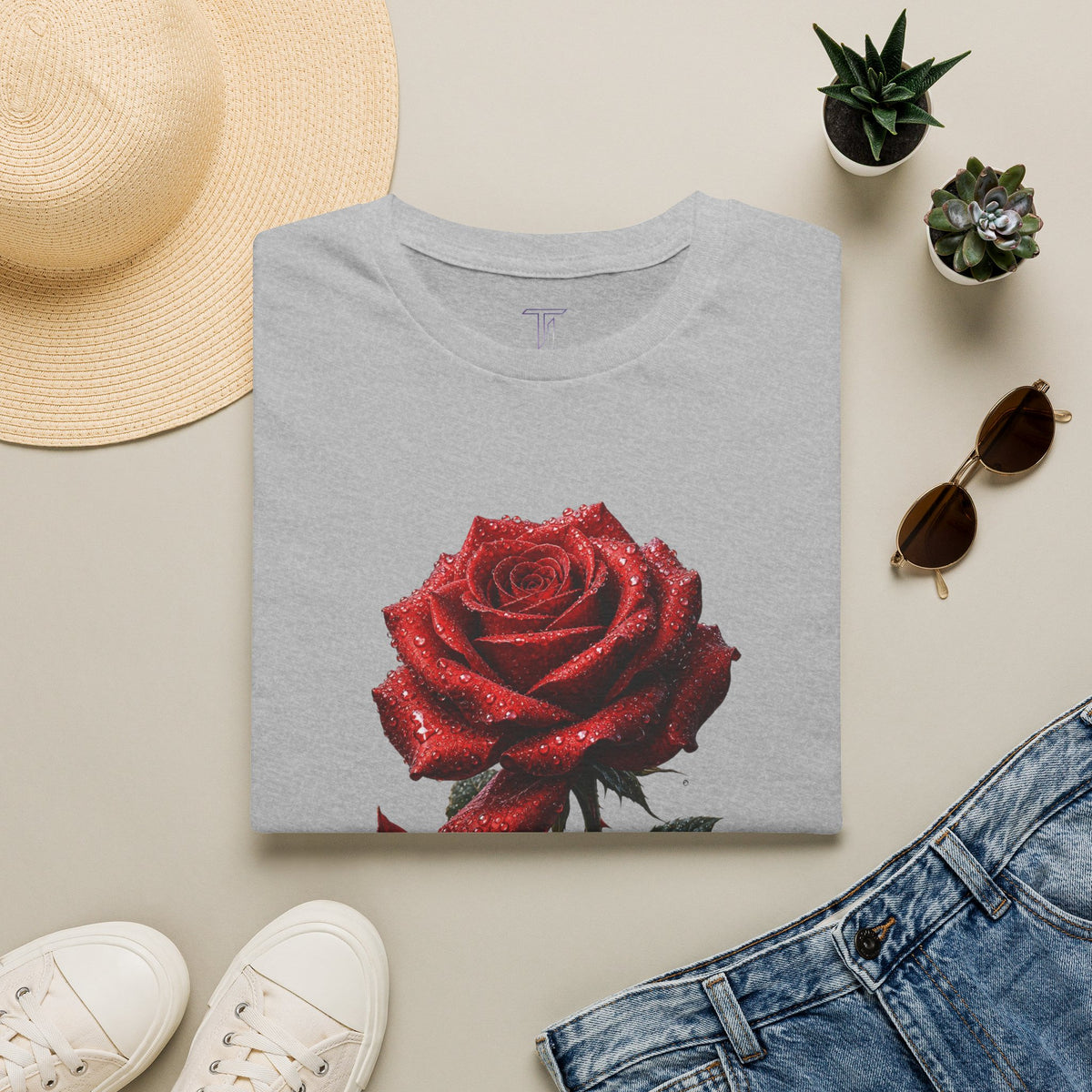 Red Rose Graphic T-Shirt — Falling Petals Floral Tee