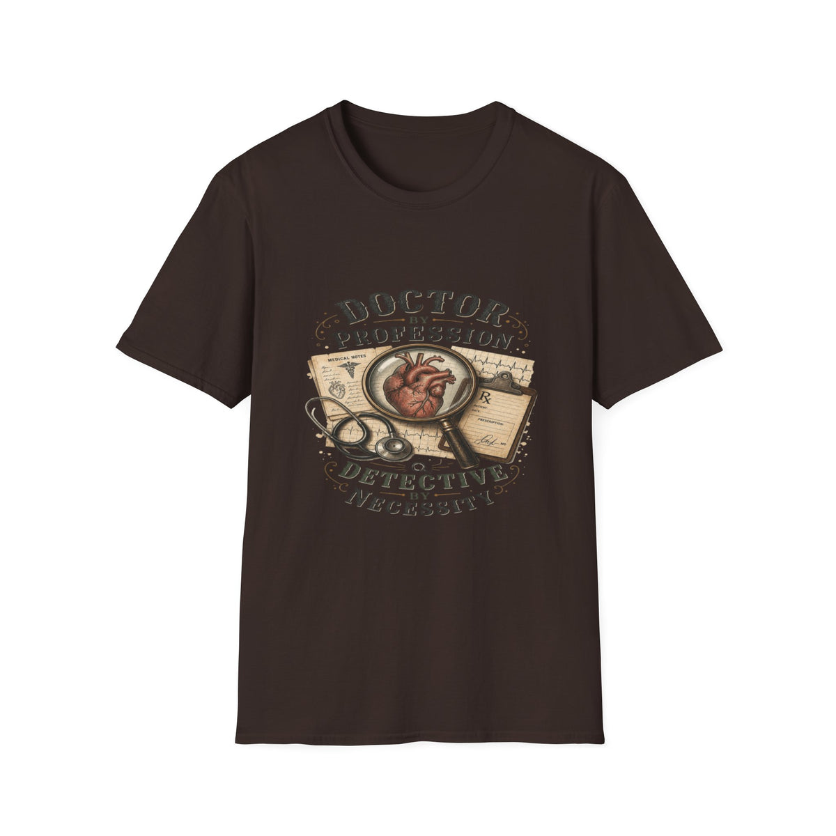 Vintage Detective-Inspired T-Shirt Featuring Anatomical Heart And Magnifying Glass- Graphic Tees