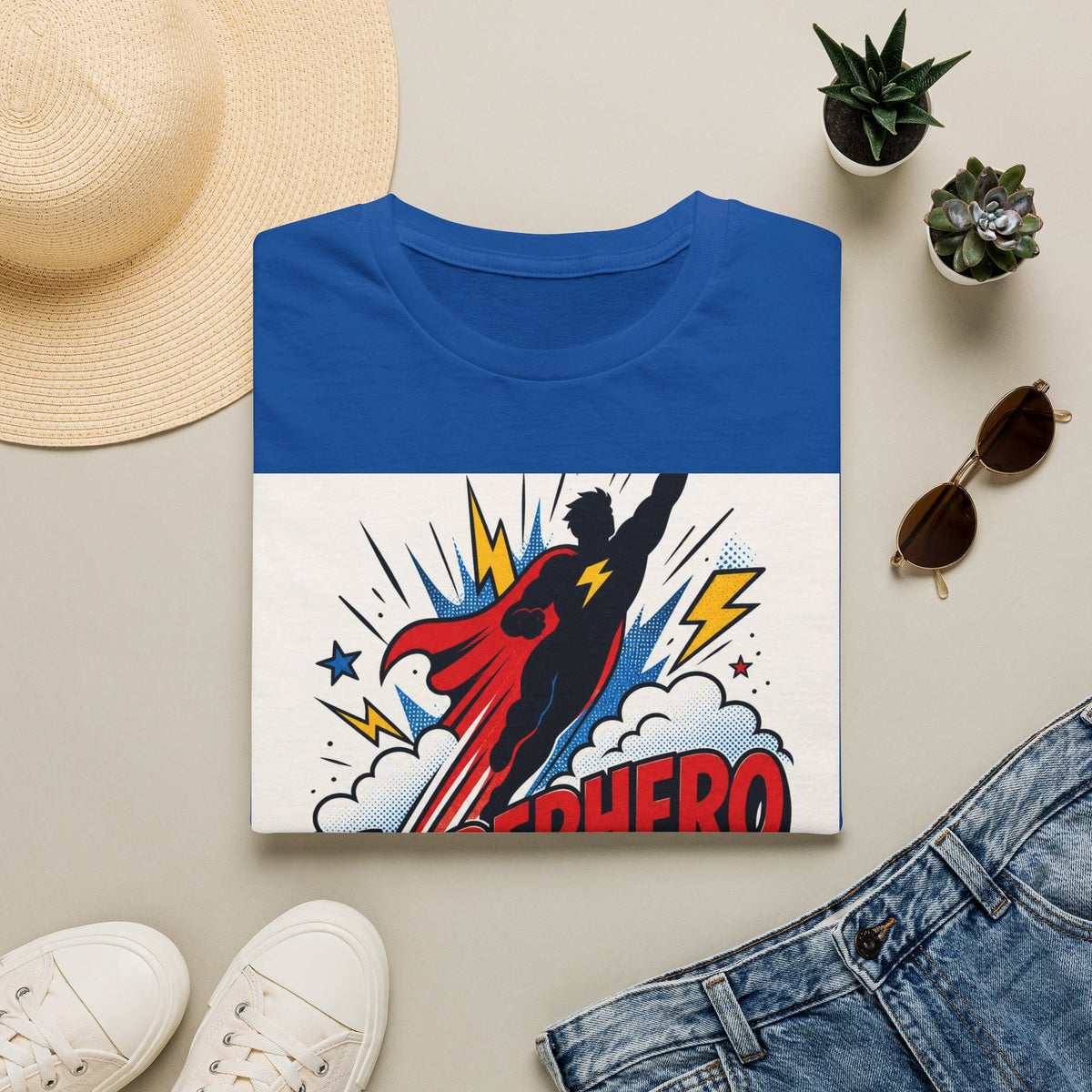 Dynamic Superhero Silhouette Soaring Through Colorful Clouds