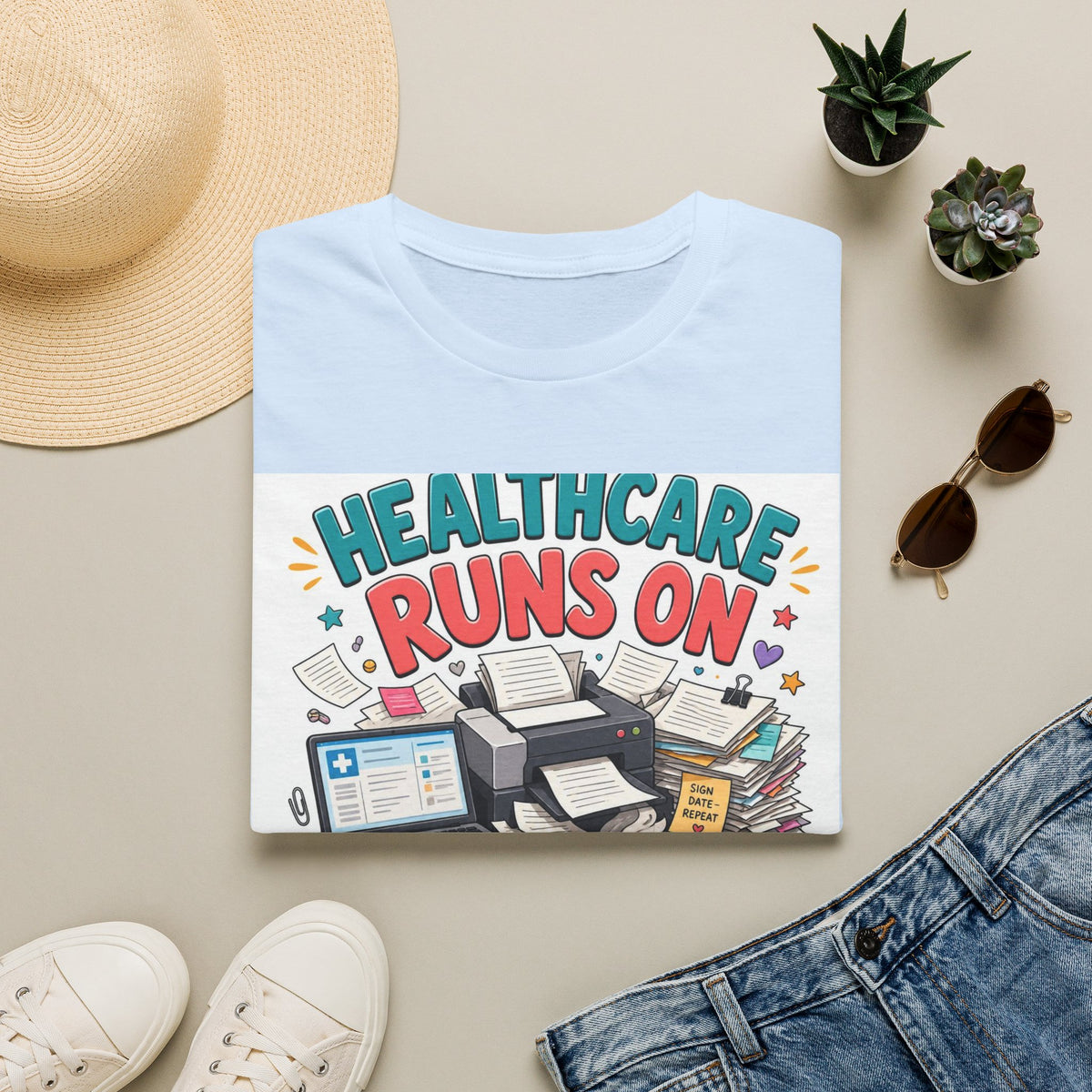 Humorous T Shirt Design Highlighting Healthcare's Paperwork Chaos