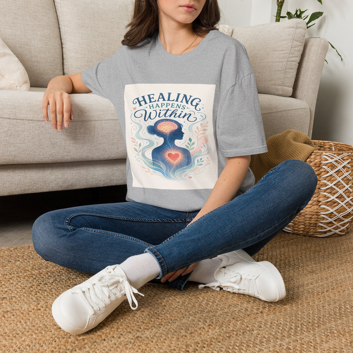 Human Silhouette With Glowing Brain And Heart Design- Graphic Tees