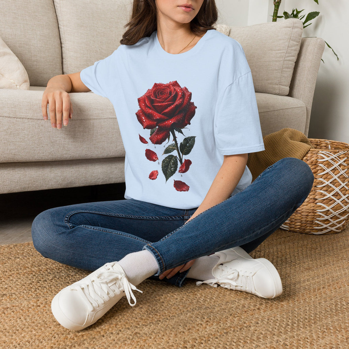 Red Rose Graphic T-Shirt — Falling Petals Floral Tee