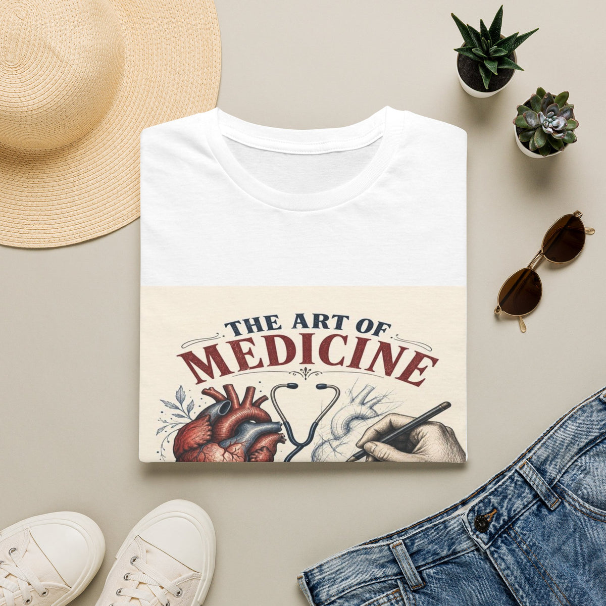 T-shirt Design Featuring Anatomical Heart And Sketching Hand- Graphic Tees