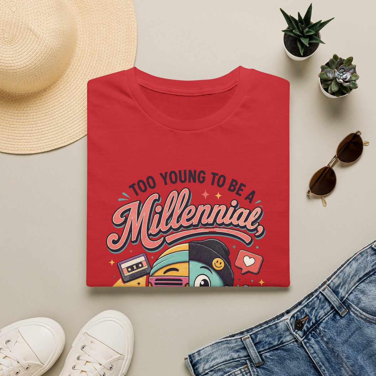 Millennial vs Gen Z Retro Graphic T‑Shirt — "Too Young to Be a Millennial, Too Old to Be a Gen Z"