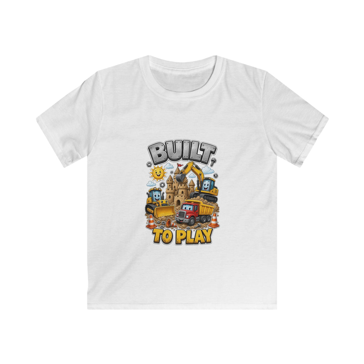 Kids Tee — "Built to Play" Construction Trucks Graphic