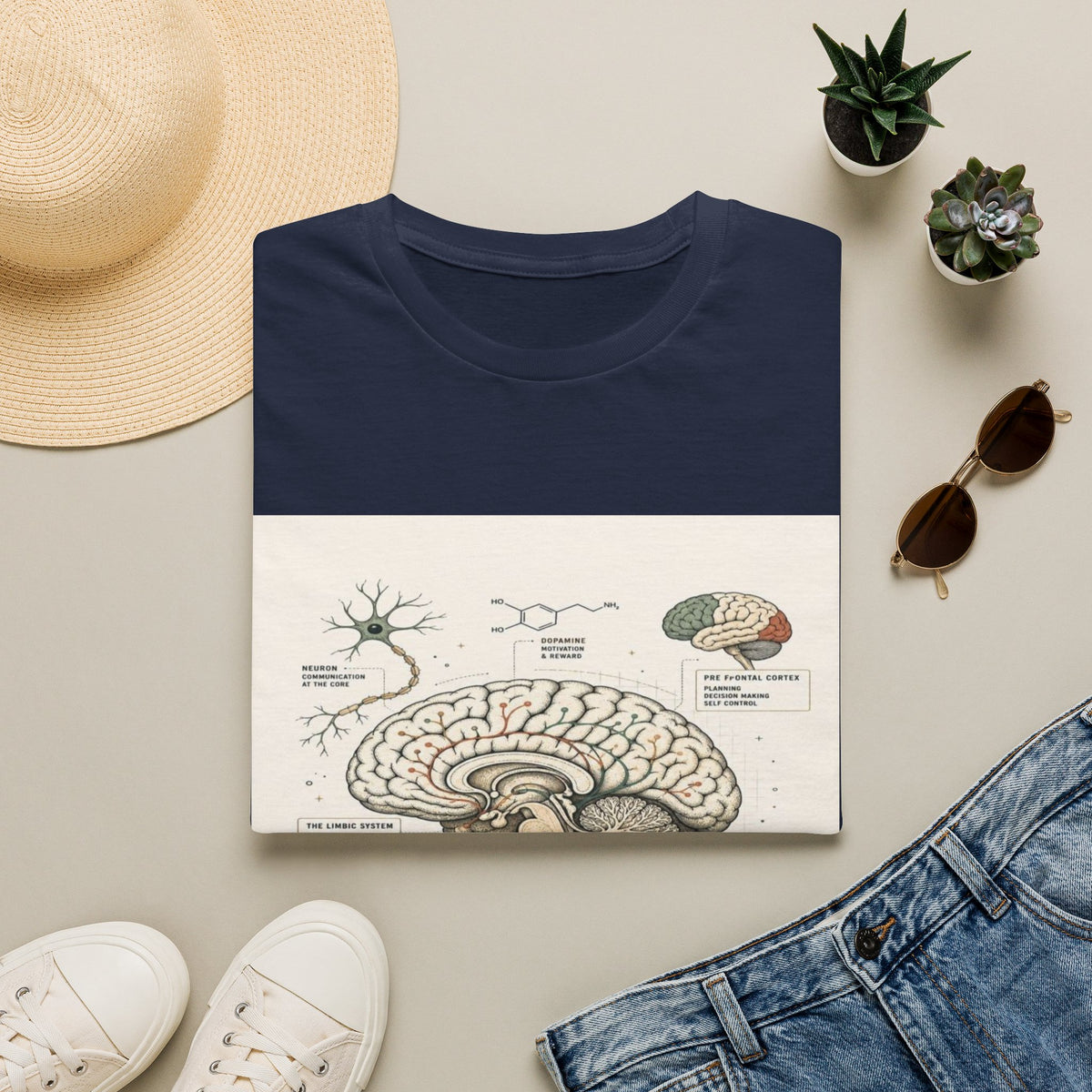 Human Brain Illustration Featuring Neural Pathways And Typography- Graphic Tees