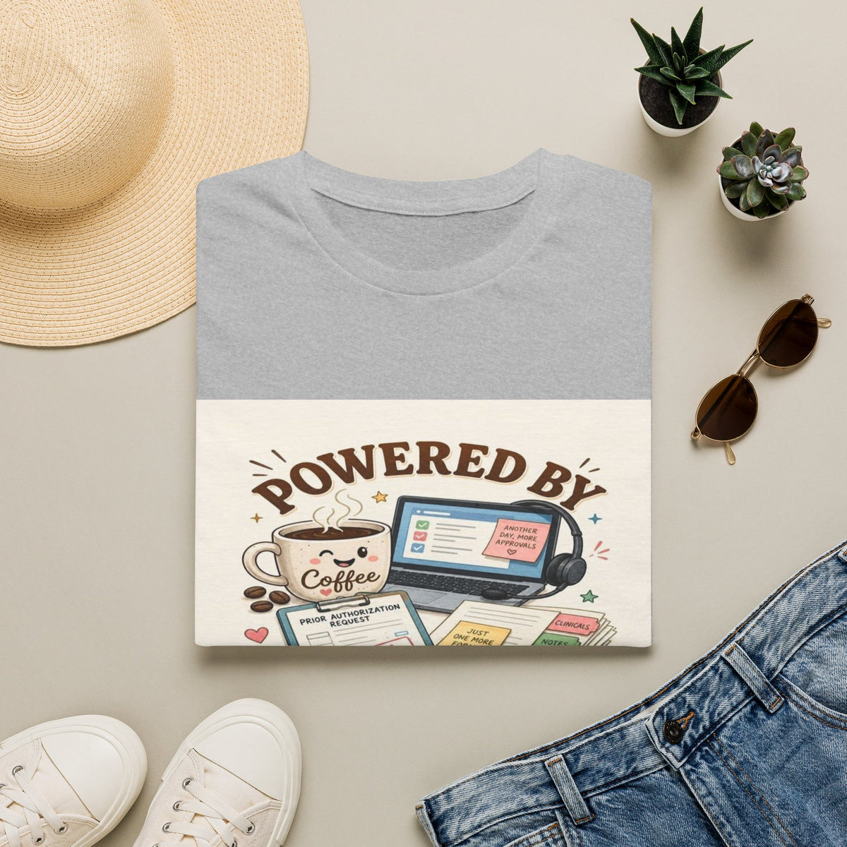 Whimsical T-shirt Design Featuring Coffee And Prior Authorizations- Graphic Tees