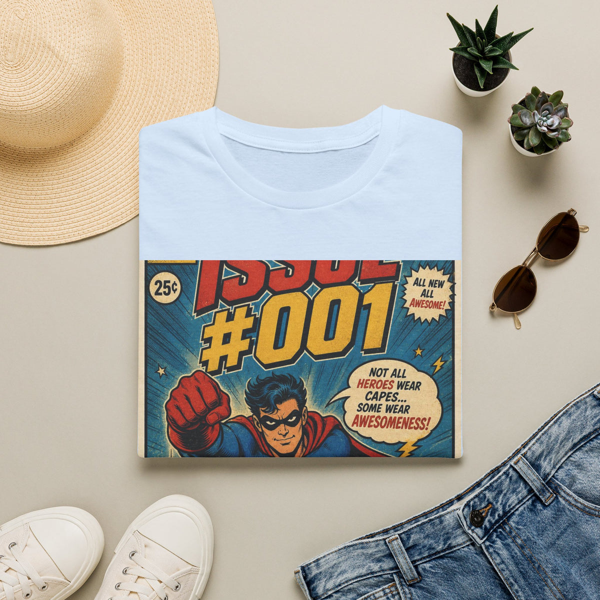Vintage Comic Book T Shirt Design Featuring Original Superhero