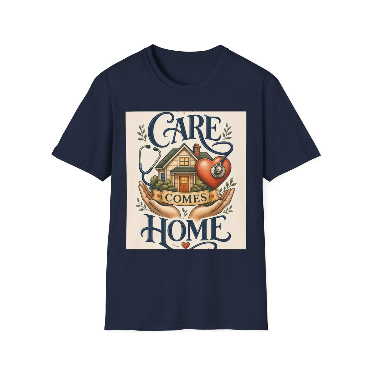 T Shirt Design Featuring Care Comes Home With Warm Illustrations