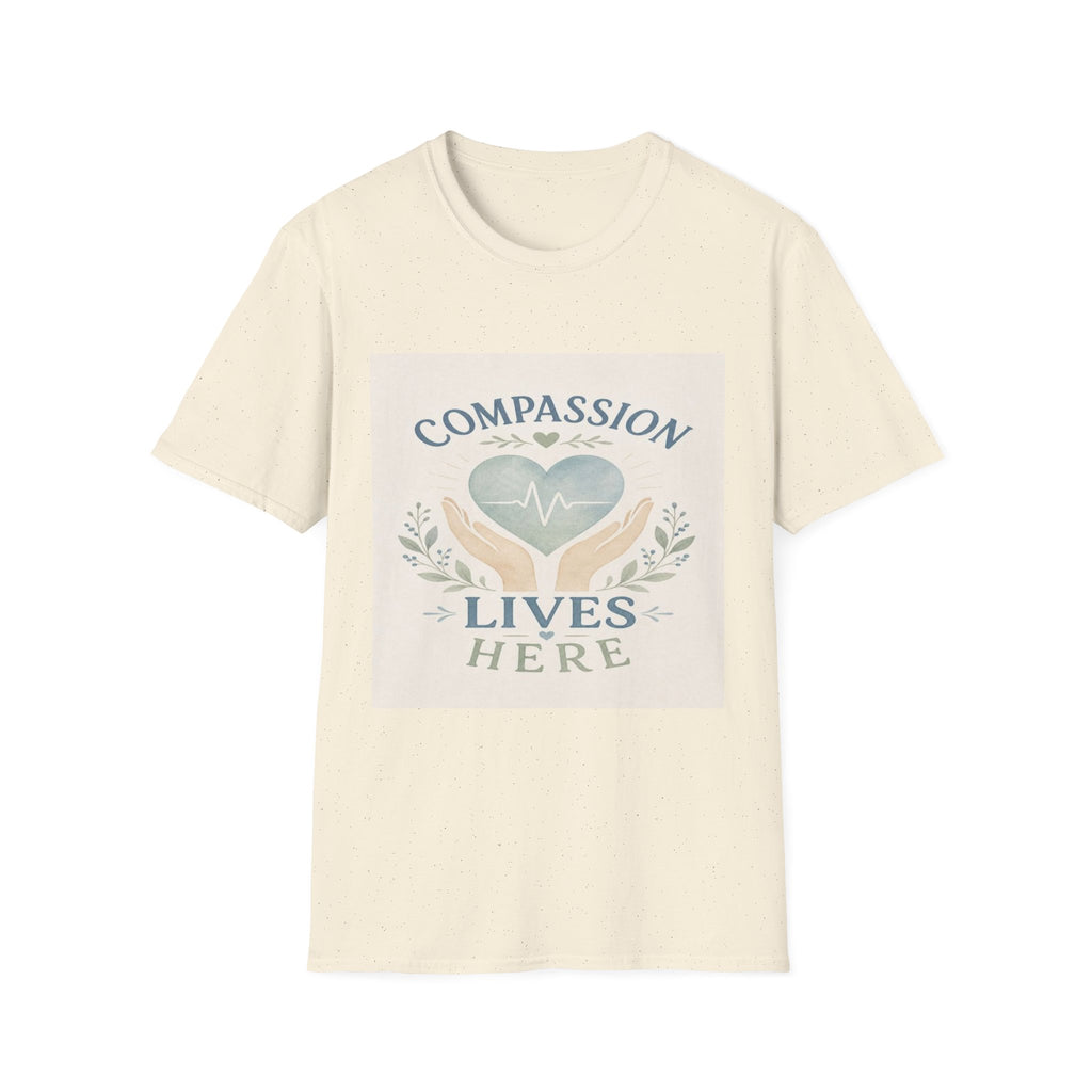 T-shirt Design Featuring Compassion Lives Here With Heart and Hands- Graphic Tees