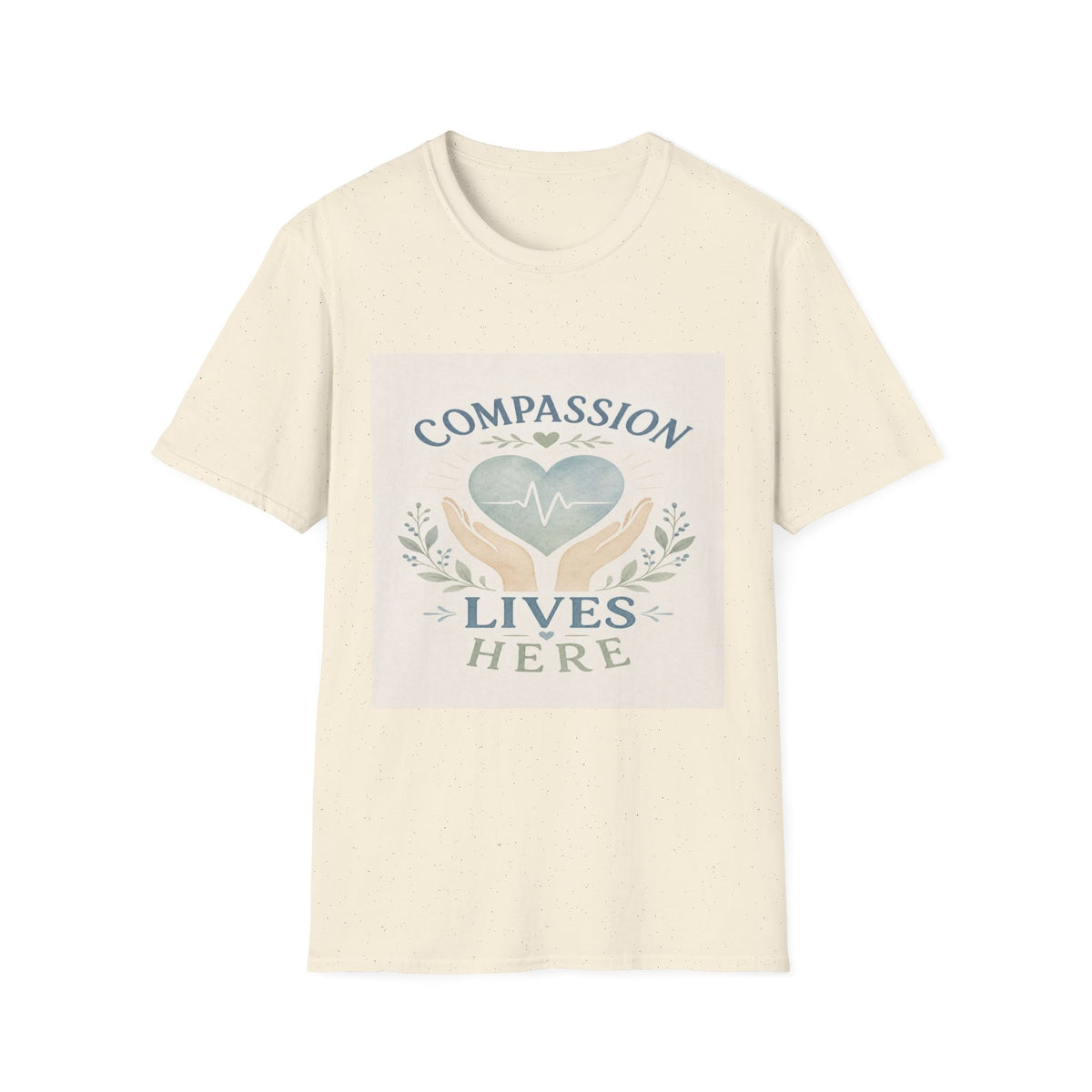 T-shirt Design Featuring Compassion Lives Here With Heart and Hands- Graphic Tees