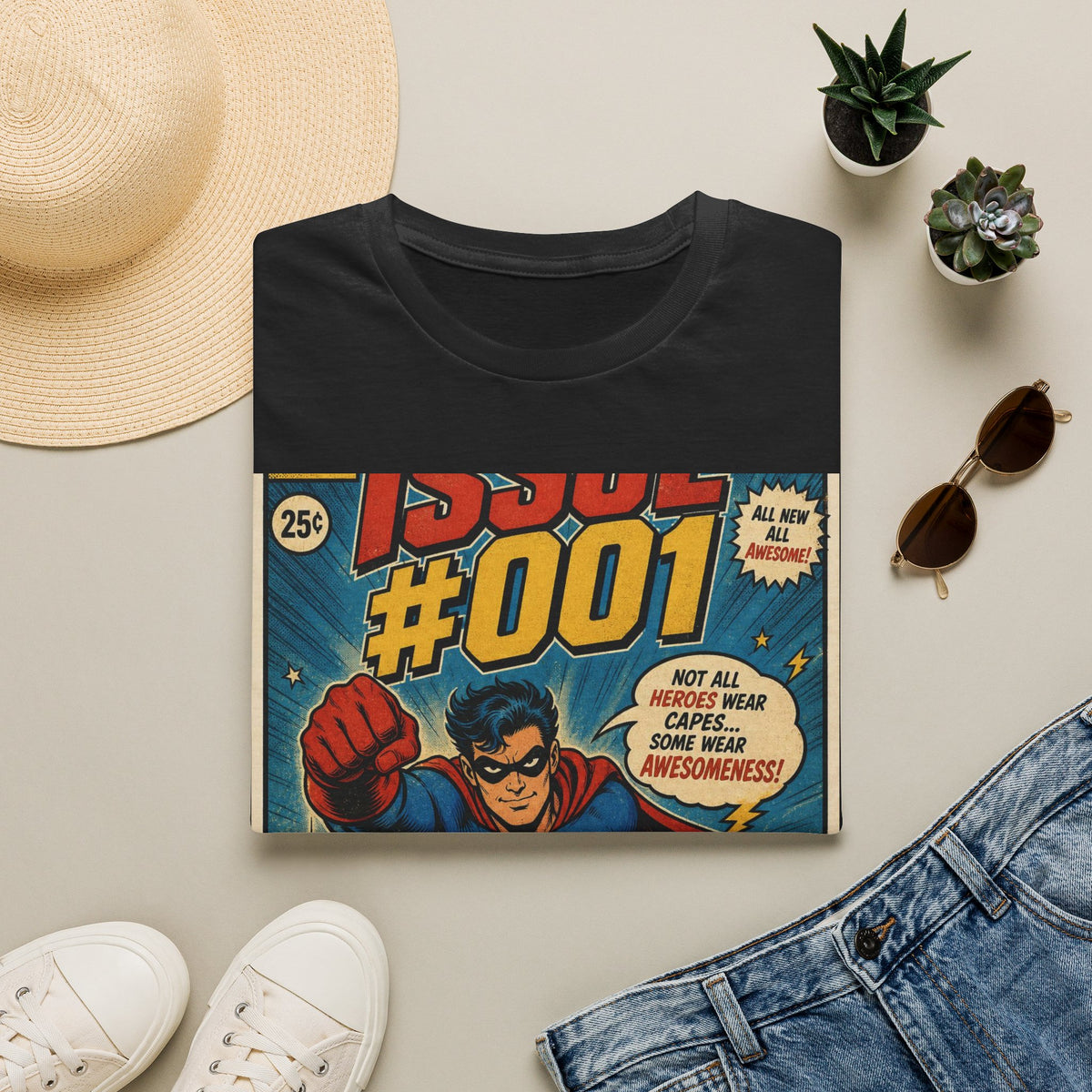 Vintage Comic Book T Shirt Design Featuring Original Superhero