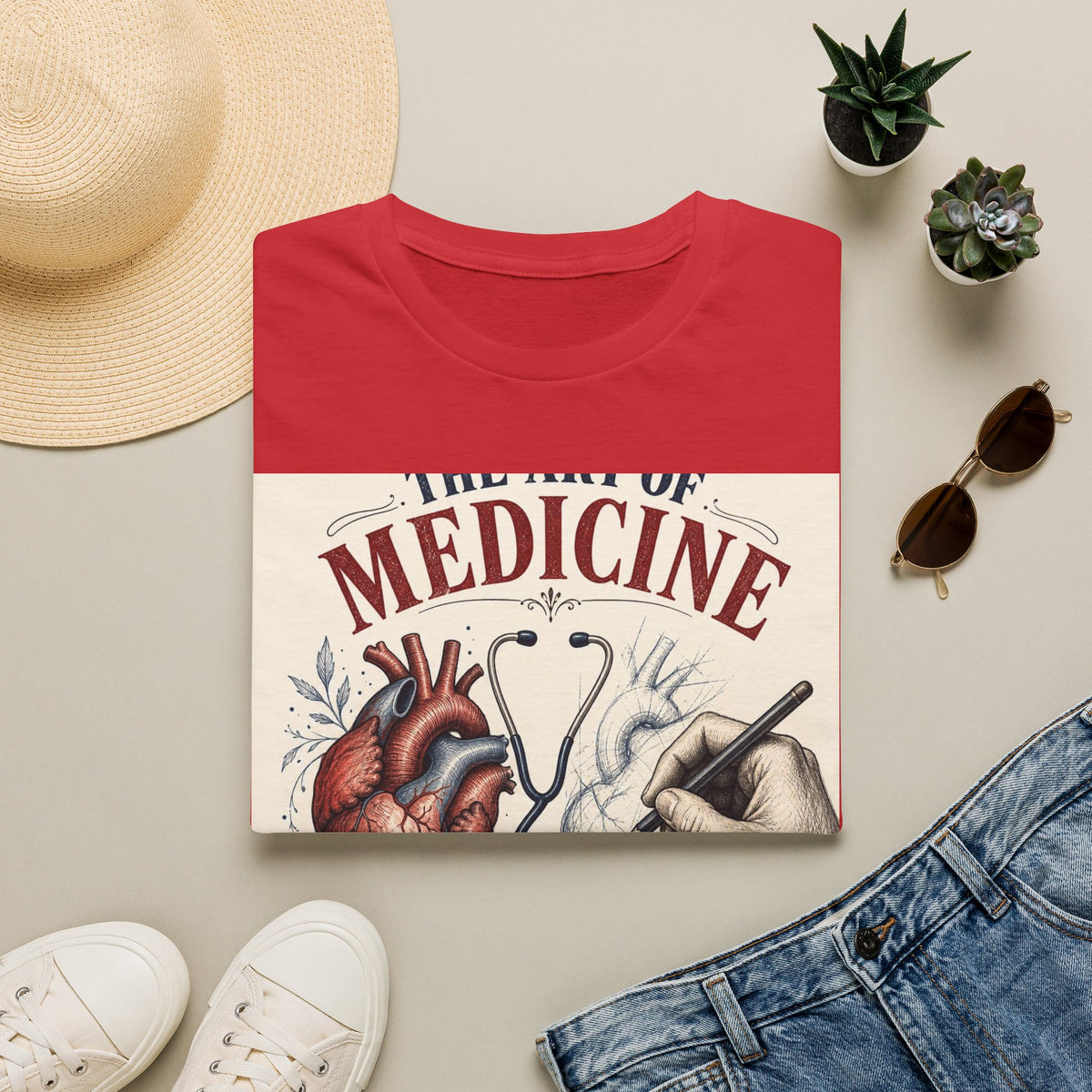 T Shirt Design Featuring Anatomical Heart And Sketching Hand