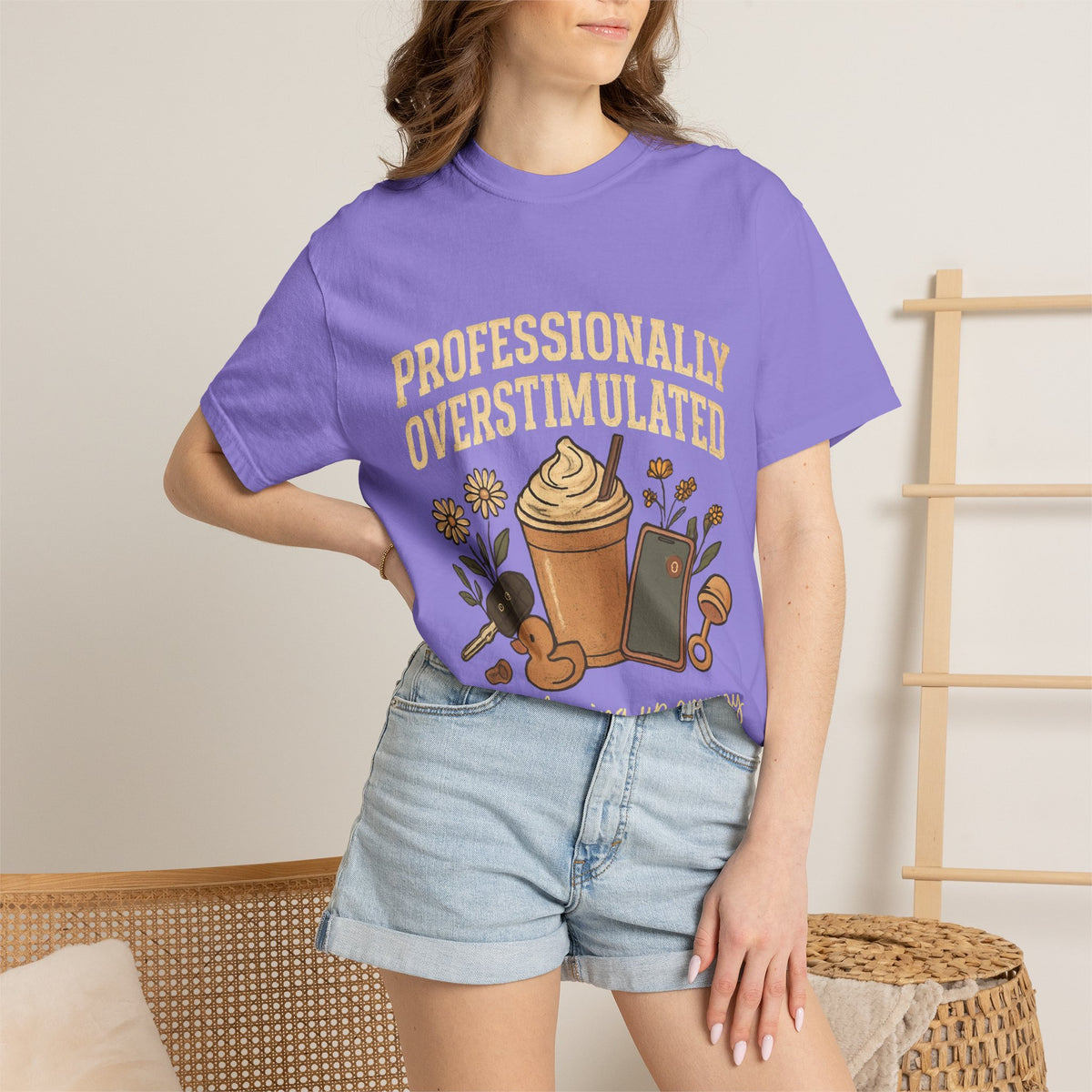 Professionally Overstimulated Graphic T-Shirt — Coffee, Phone & Cozy Aesthetic