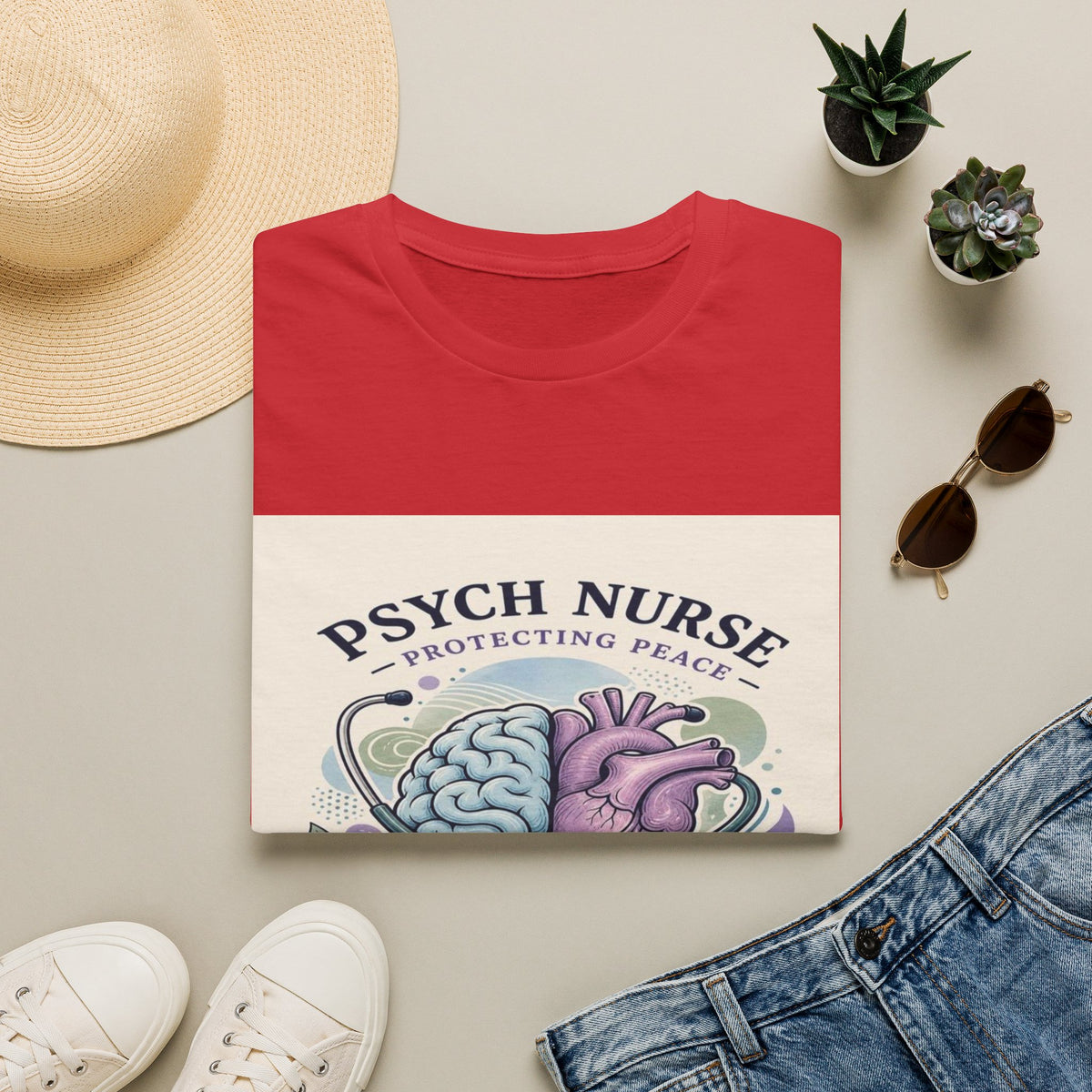 Stylized Brain And Heart Illustration With Stethoscope Art- Graphic Tees