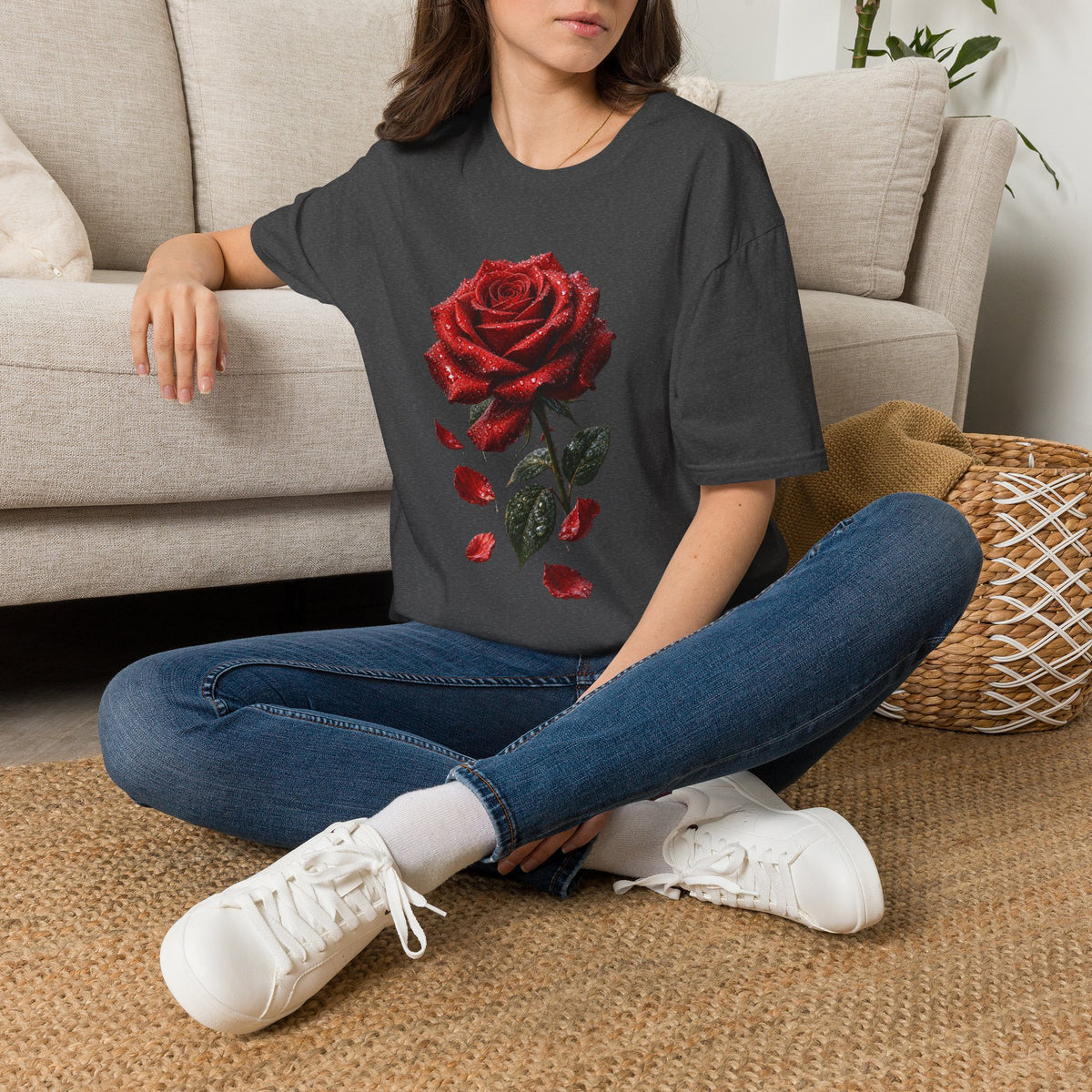 Red Rose Graphic T-Shirt — Falling Petals Floral Tee