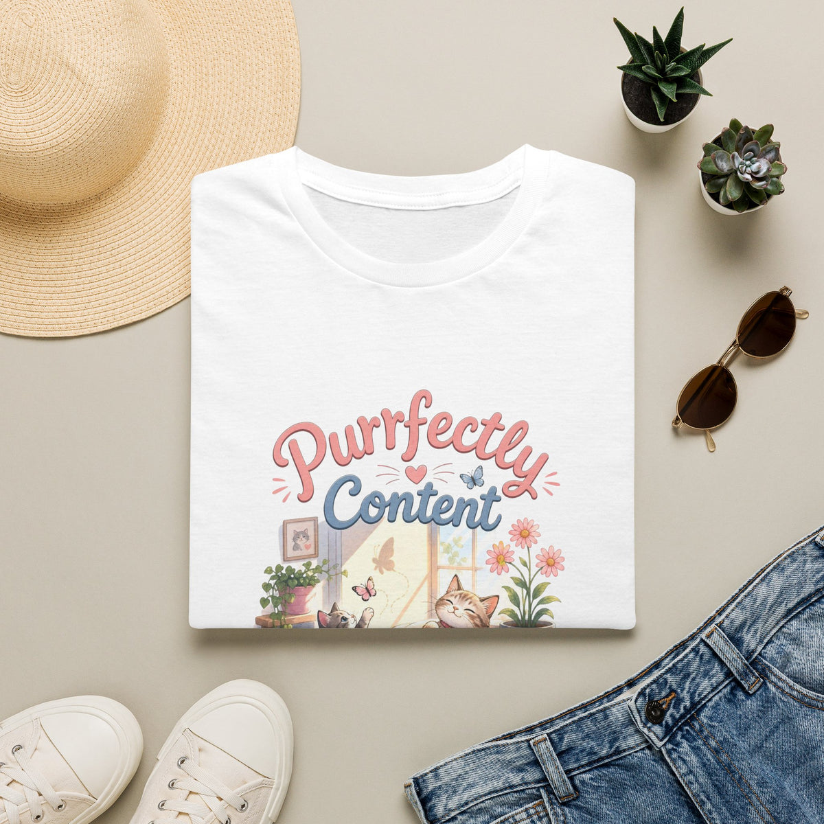 Purrfectly Content T-Shirt — Cute Cat Graphic Tee for Cat Lovers