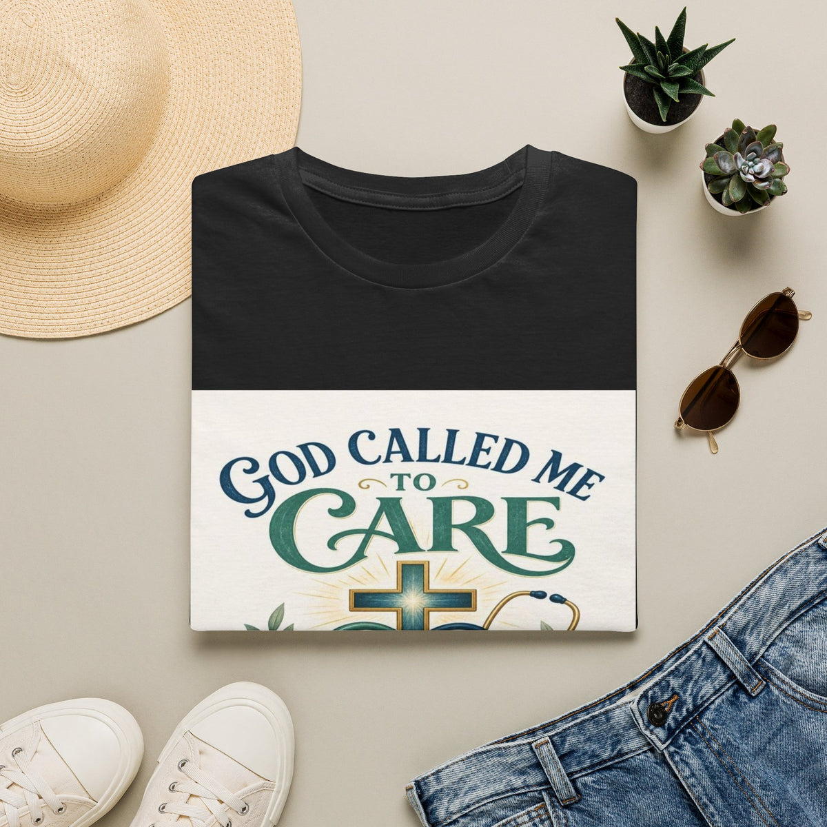 T-Shirt Design Featuring Faith Inspired Care Elements- Graphic Tees