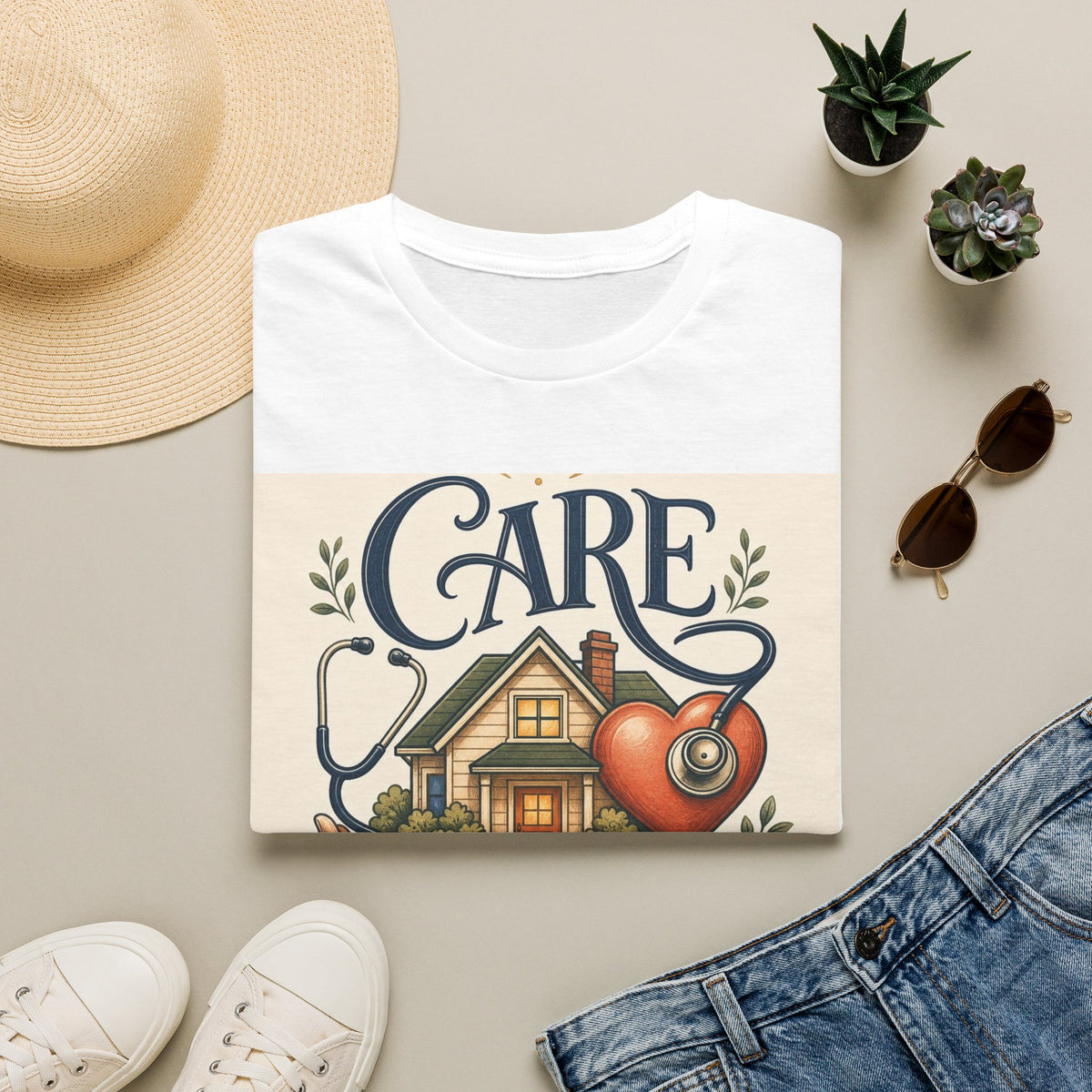 T Shirt Design Featuring Care Comes Home With Warm Illustrations