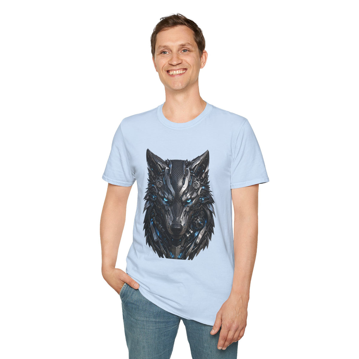 Wolf Mask T-Shirt — Futuristic Blue-Eyed Cyber Wolf Graphic Tee