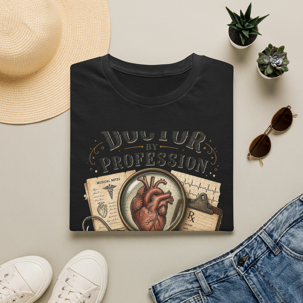Vintage Detective Inspired T Shirt Featuring Anatomical Heart And Magnifying Glass
