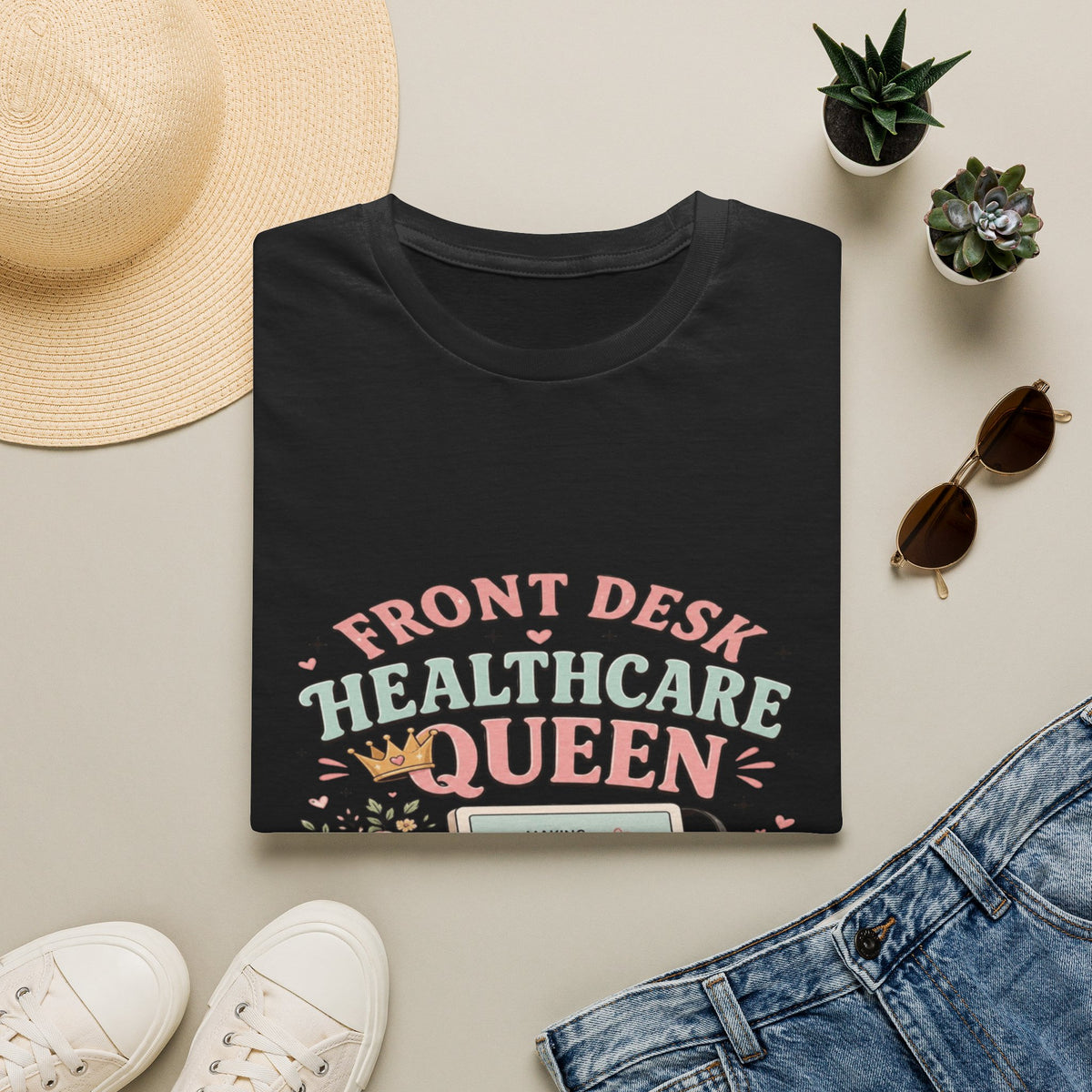 Playful Feminine Design For Front Desk Healthcare Queen- Graphic Tees