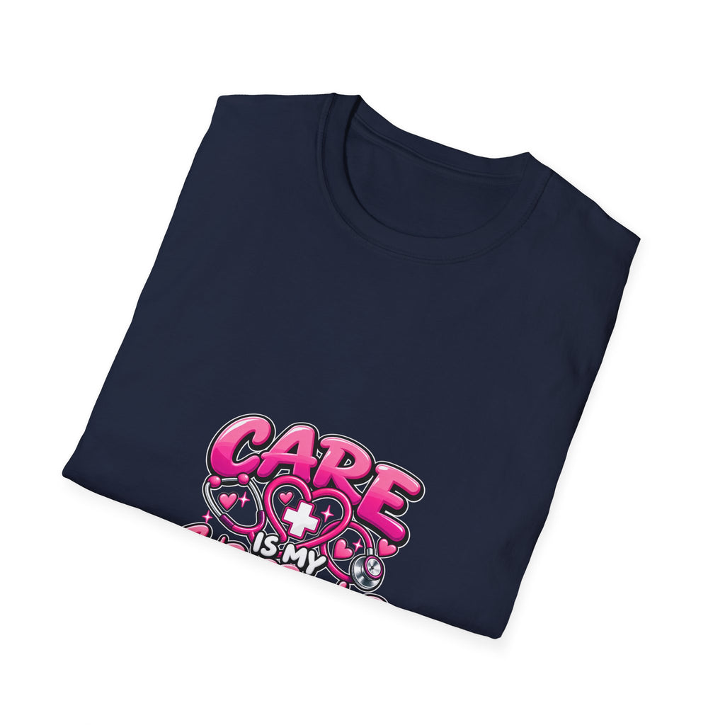 Care Is My Superpower T-Shirt — Cute Pink Heartcare Graphic Tee for Nurses & Caregivers
