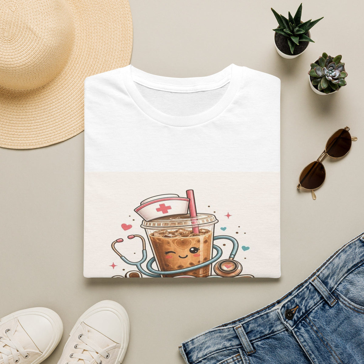 Cute T-Shirt Design Featuring Iced Coffee And Nurse Cap- Graphic Tees