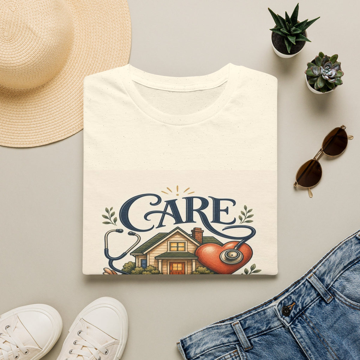 T-shirt Design Featuring Care Comes Home With Warm Illustrations- Graphic Tees