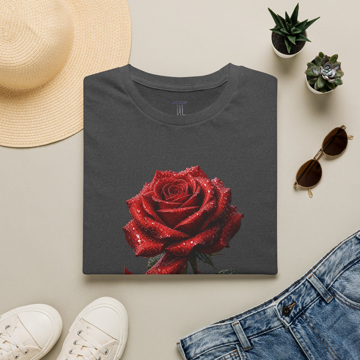 Red Rose Graphic T-Shirt — Falling Petals Floral Tee