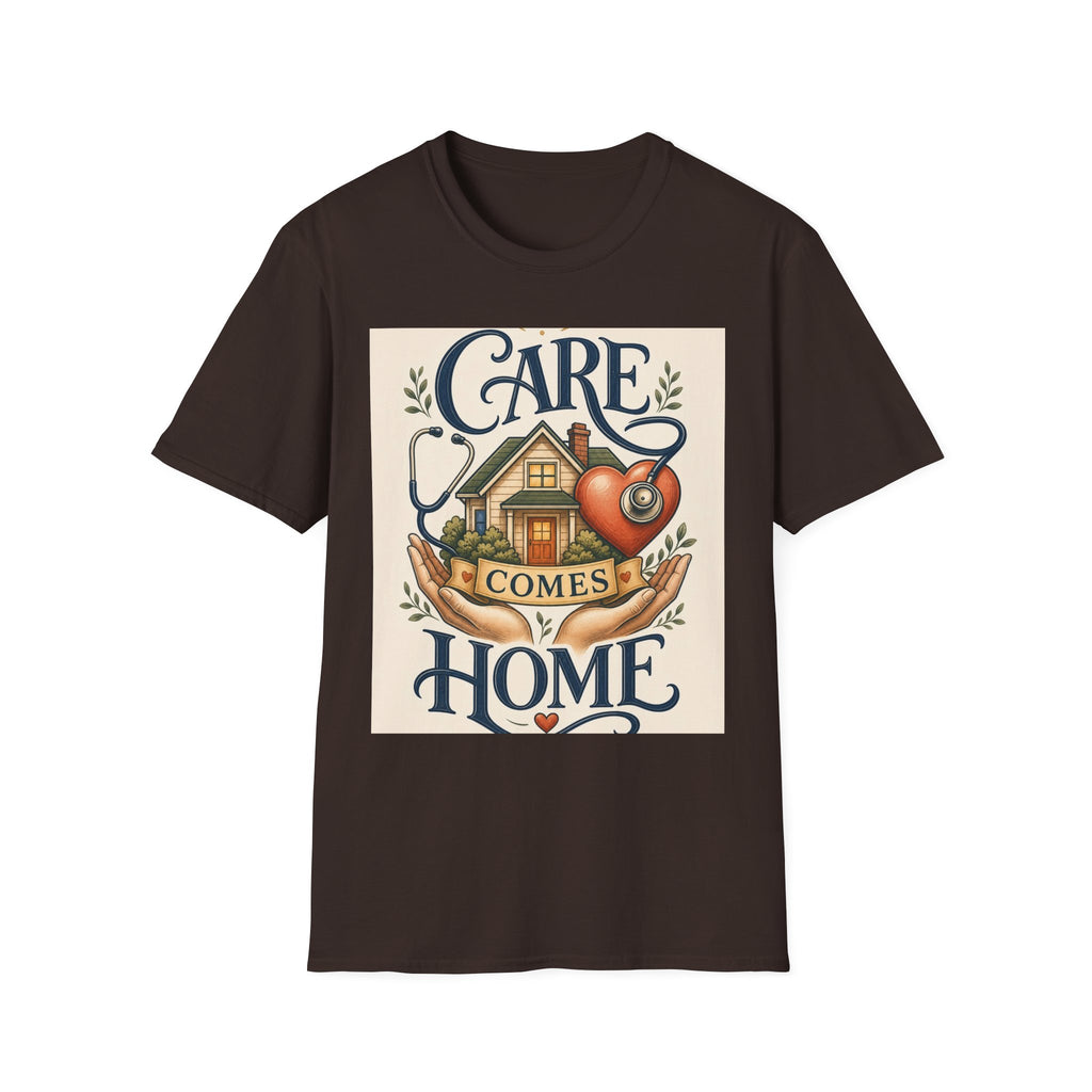 T Shirt Design Featuring Care Comes Home With Warm Illustrations