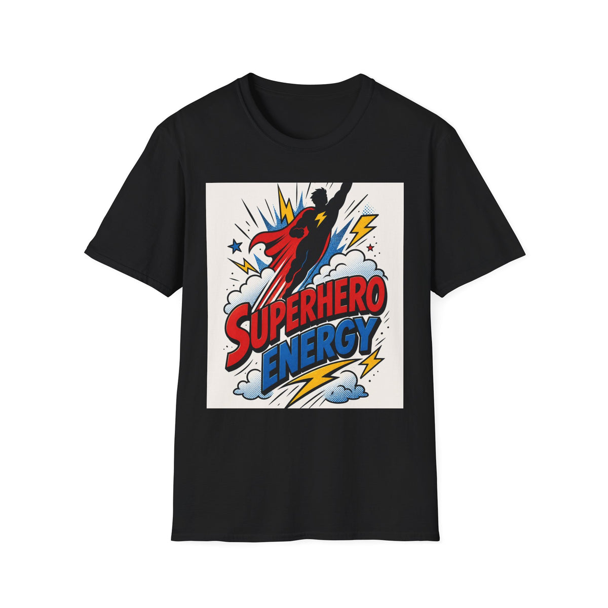 Dynamic Superhero Silhouette Soaring Through Colorful Clouds