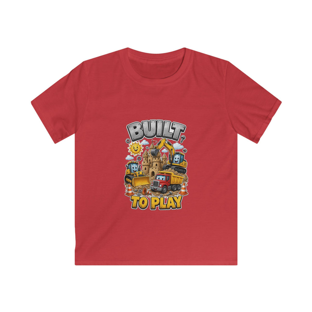 Kids Tee — "Built to Play" Construction Trucks Graphic