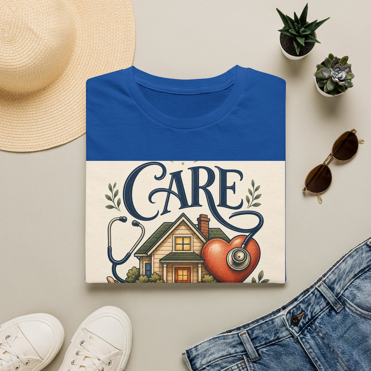 T Shirt Design Featuring Care Comes Home With Warm Illustrations