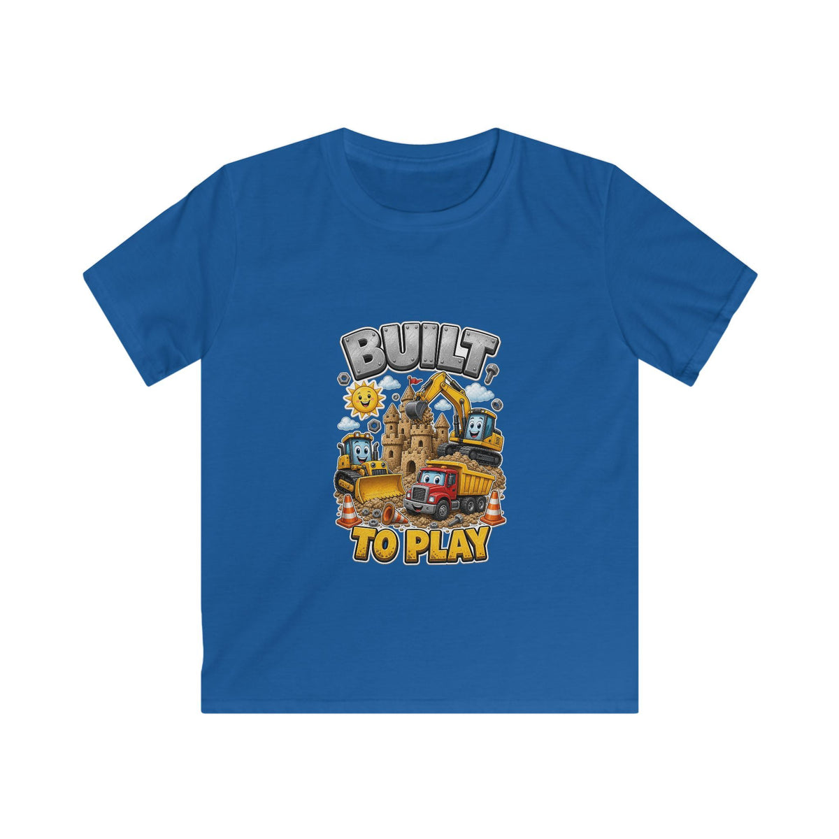 Kids Tee — "Built to Play" Construction Trucks Graphic