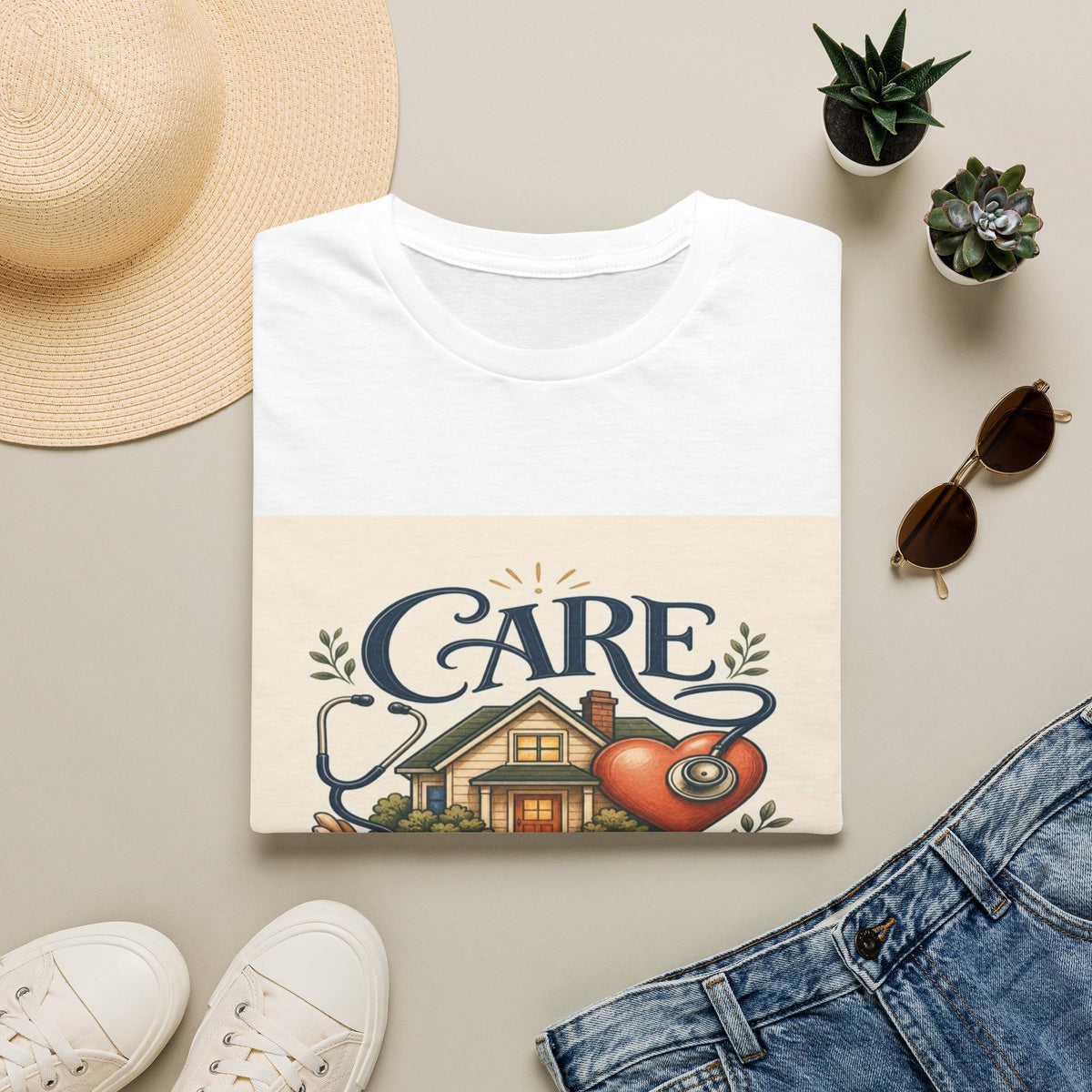 T-shirt Design Featuring Care Comes Home With Warm Illustrations- Graphic Tees