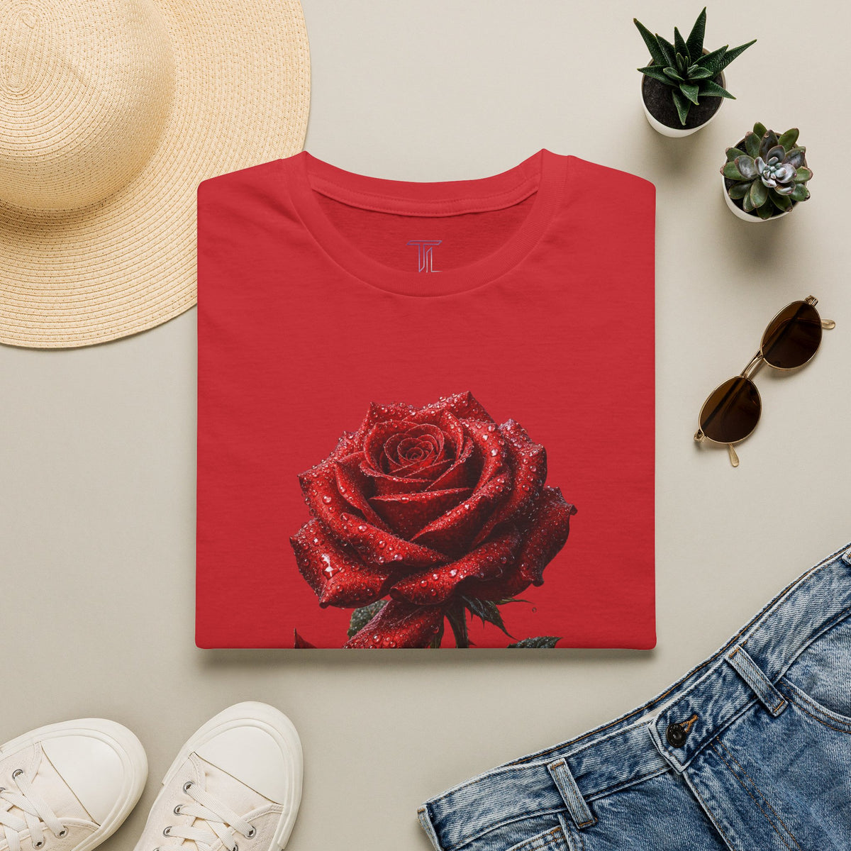 Red Rose Graphic T-Shirt — Falling Petals Floral Tee