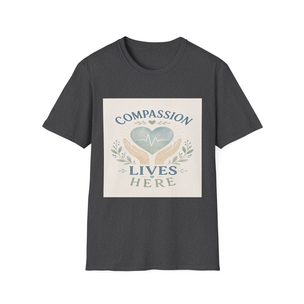 T-shirt Design Featuring Compassion Lives Here With Heart and Hands- Graphic Tees