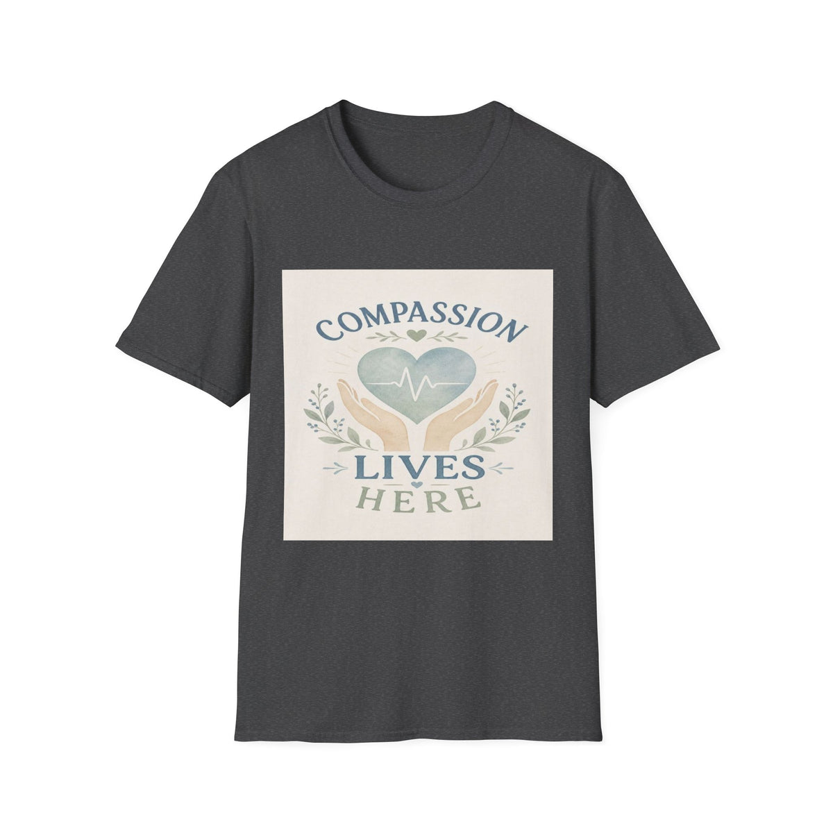 T-shirt Design Featuring Compassion Lives Here With Heart and Hands- Graphic Tees