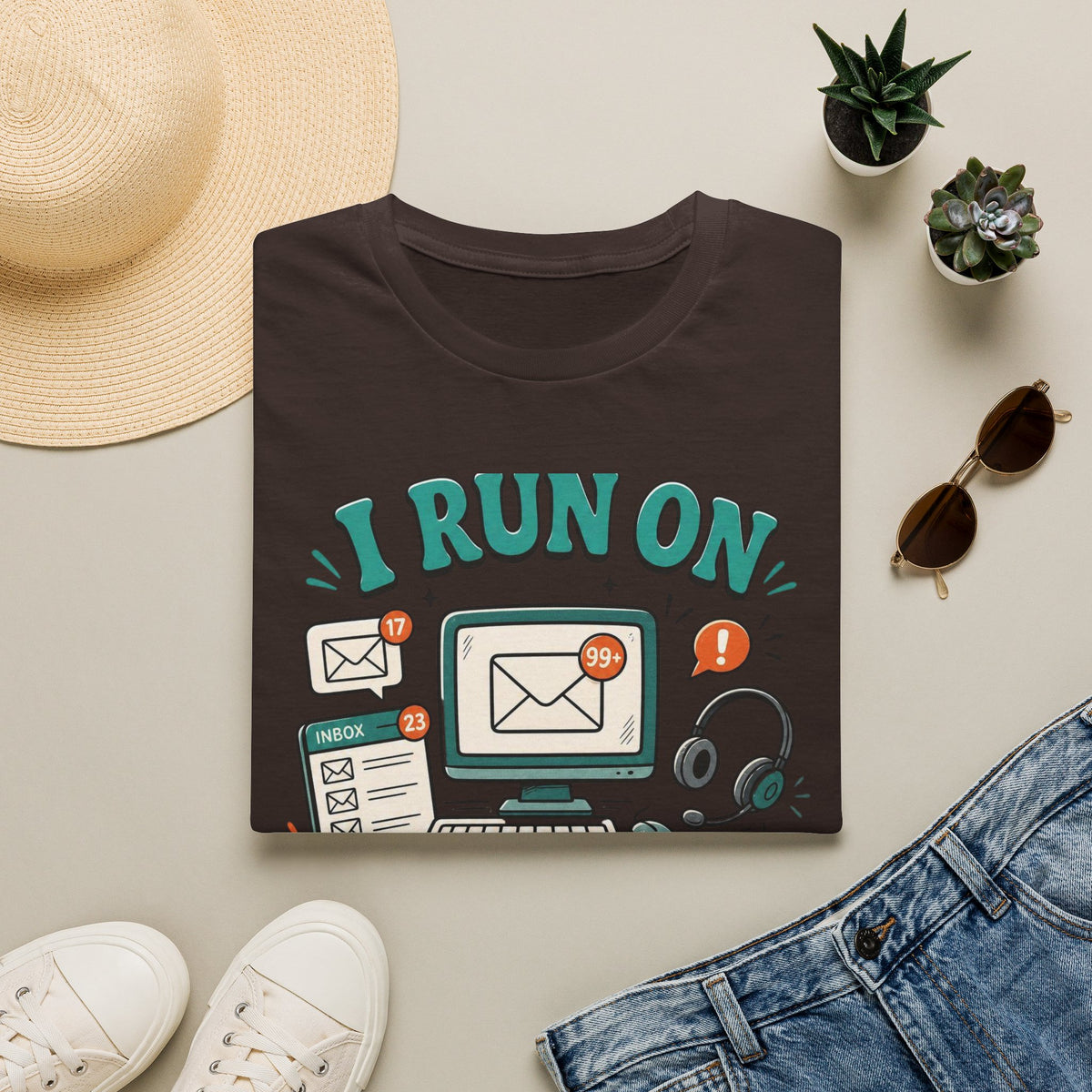 Bold T Shirt Design With Playful Email And Coffee Illustrations