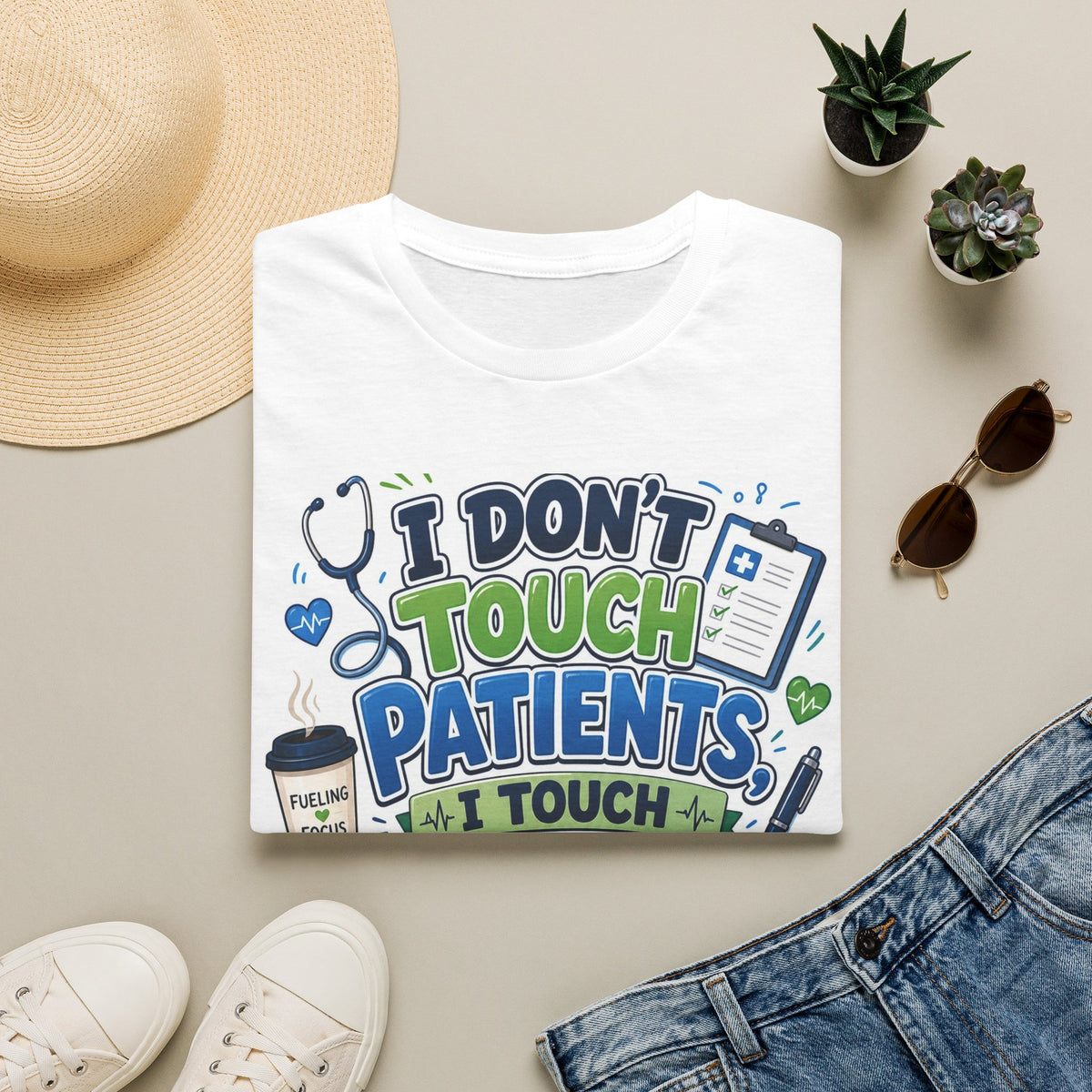 Humorous T Shirt Design Featuring Playful Healthcare And Spreadsheet Imagery