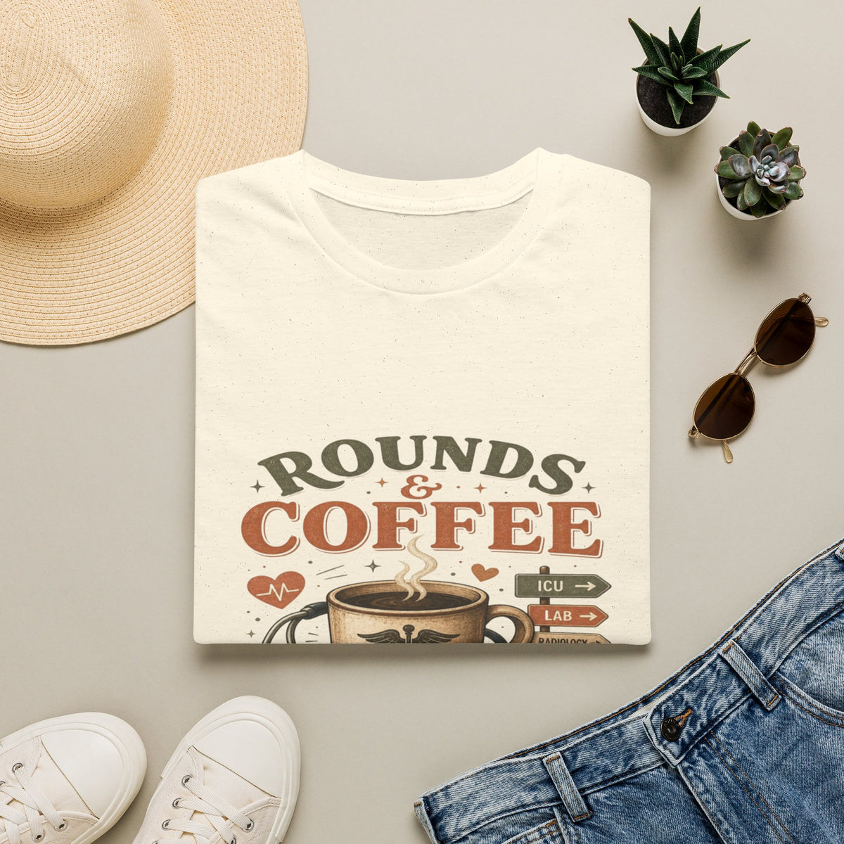 Coffee Cup With Stethoscope Combining Vintage Café And Medical Aesthetics- Graphic Tees
