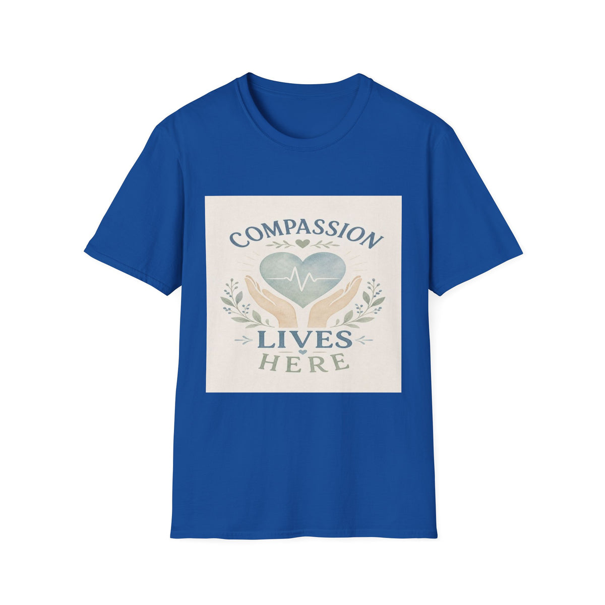 T-shirt Design Featuring Compassion Lives Here With Heart and Hands- Graphic Tees