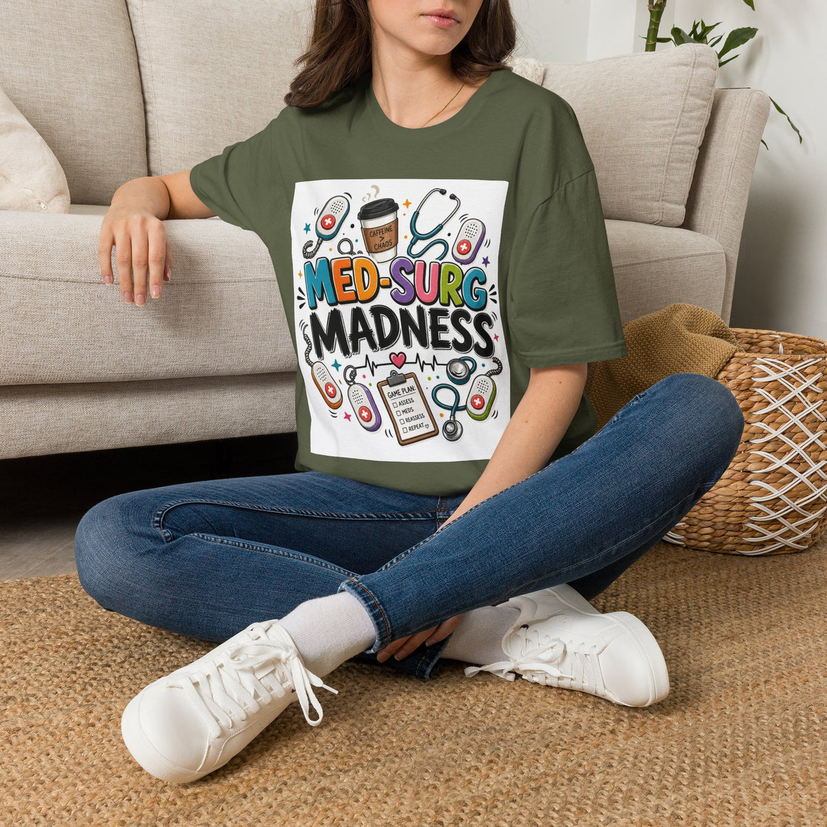 Vibrant T Shirt Design Featuring MED SURG MADNESS Phrase (1)
