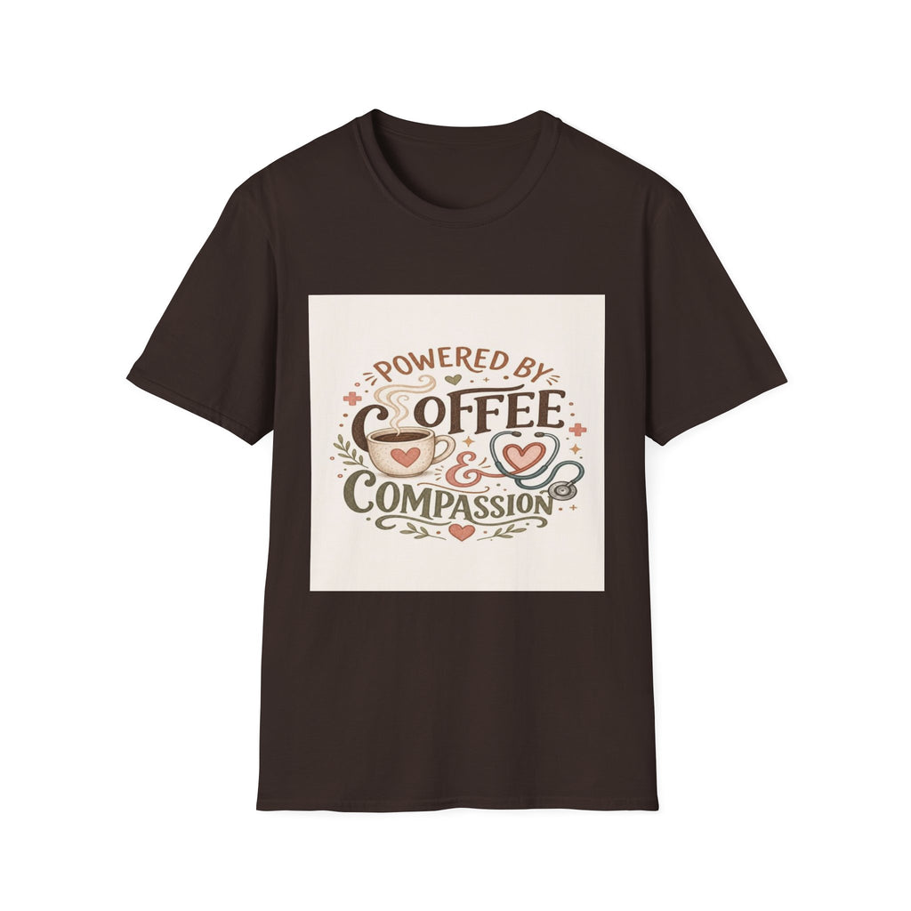 Cozy T-shirt Design Featuring Hand-Lettered Coffee and Compassion- Graphic Tees