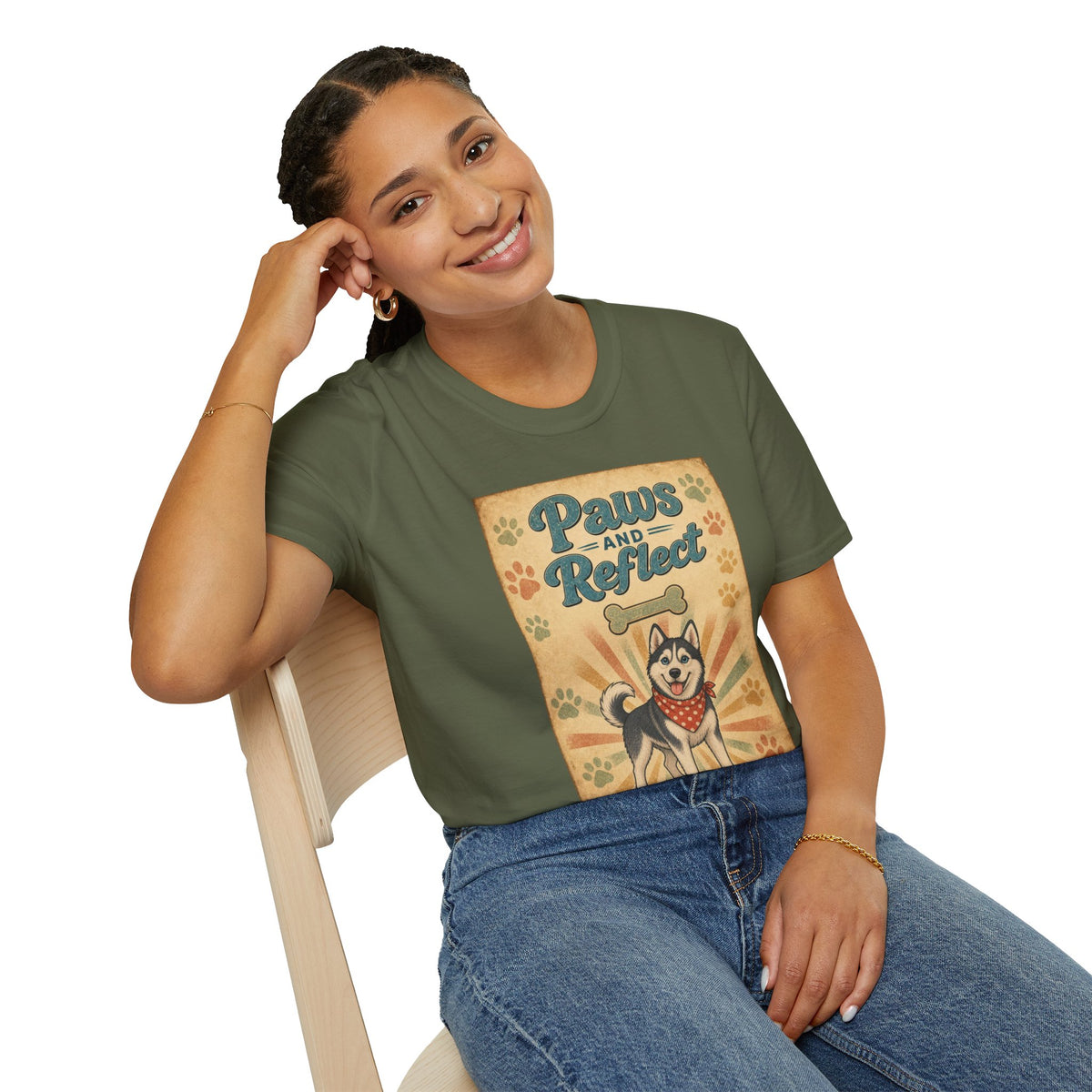 Paws and Reflect Dog Graphic T-Shirt — Retro Pup Pawprint Tee