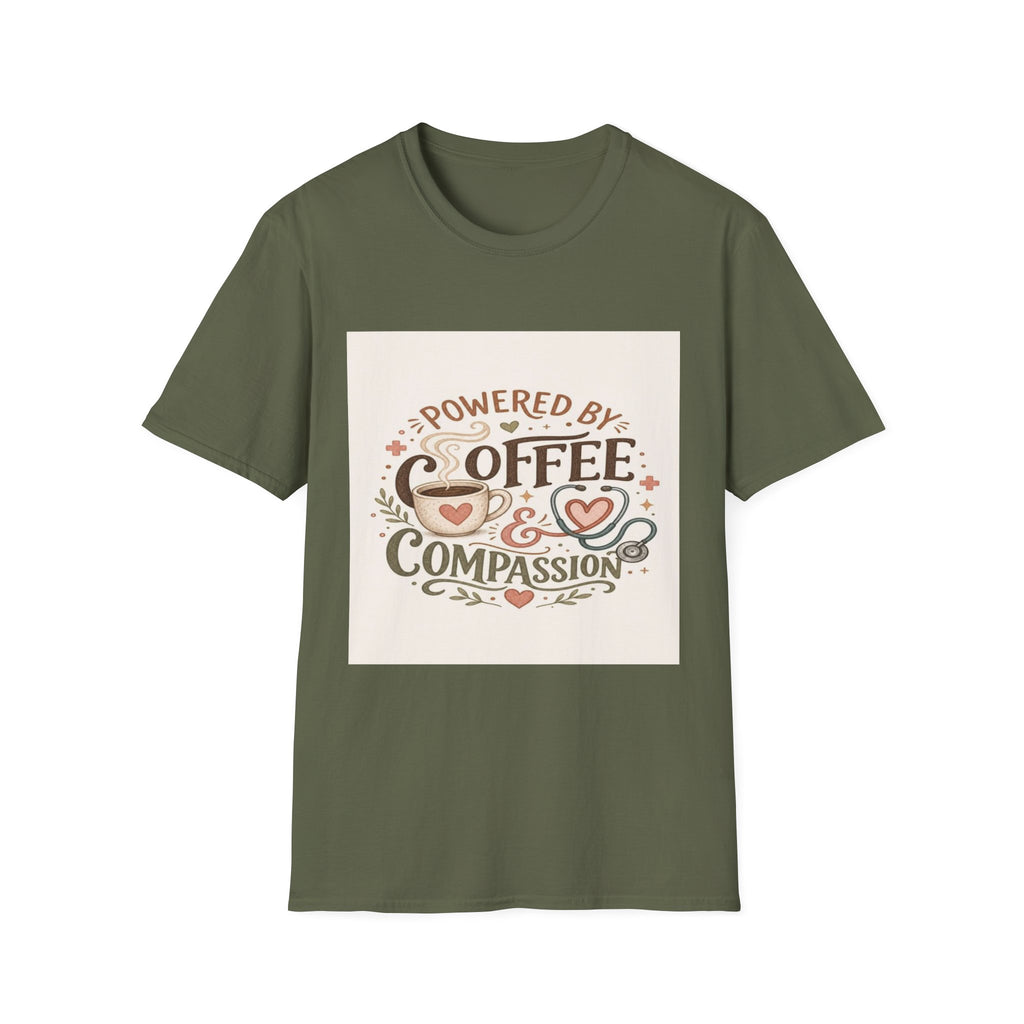 Cozy T-shirt Design Featuring Hand-Lettered Coffee and Compassion- Graphic Tees