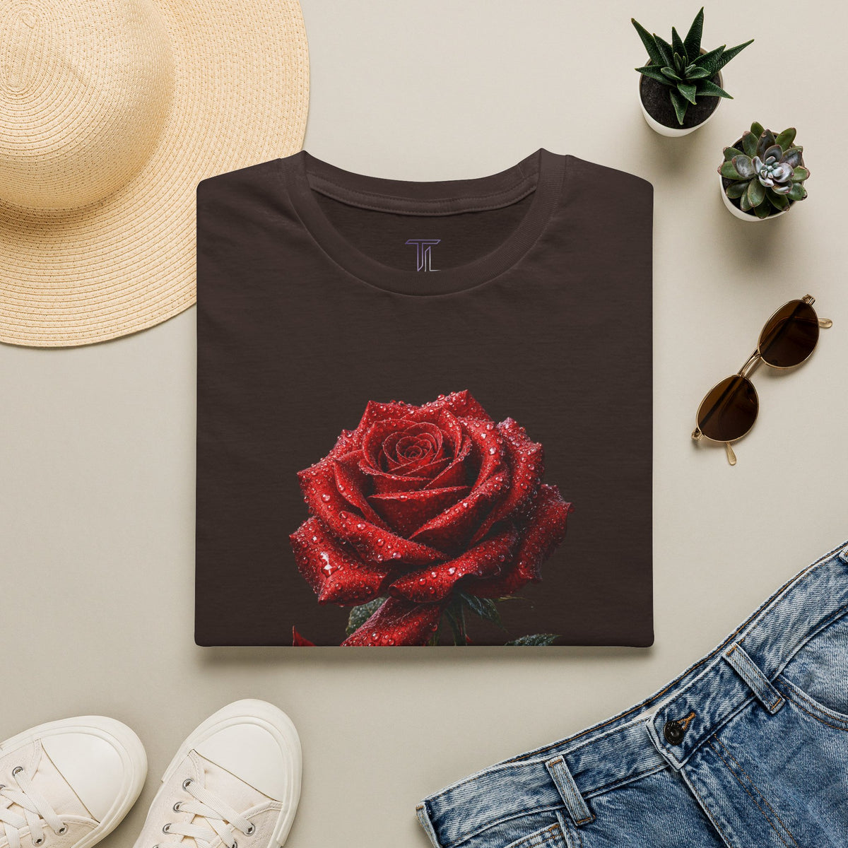 Red Rose Graphic T-Shirt — Falling Petals Floral Tee