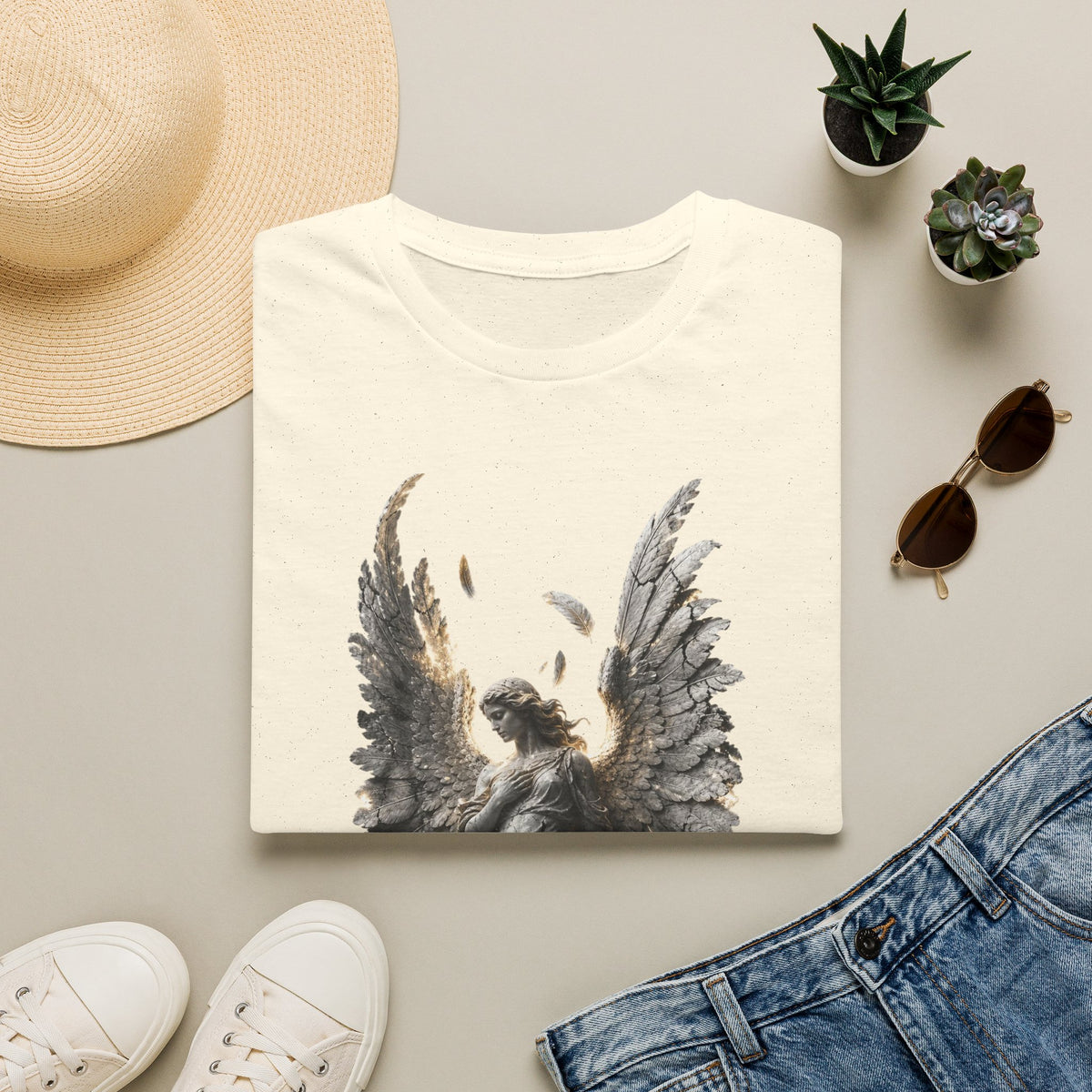 Angel Wings Graphic T-Shirt — Fallen Feather Statue Design